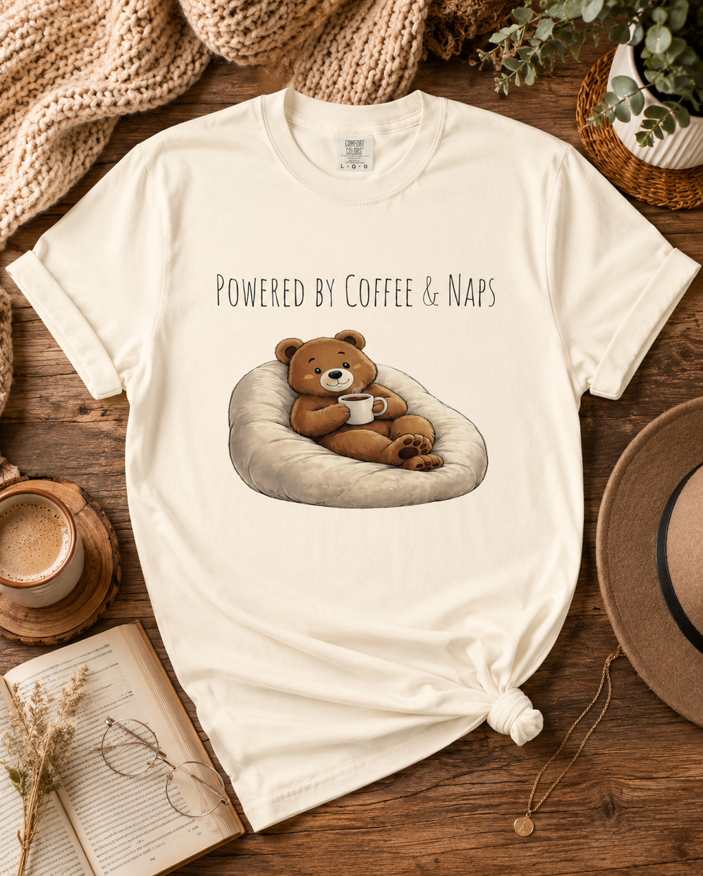 Powered by Coffee & Naps Bear T-Shirt | Cute Cozy Bear Unisex Graphic Tee | Coffee Lover Gift