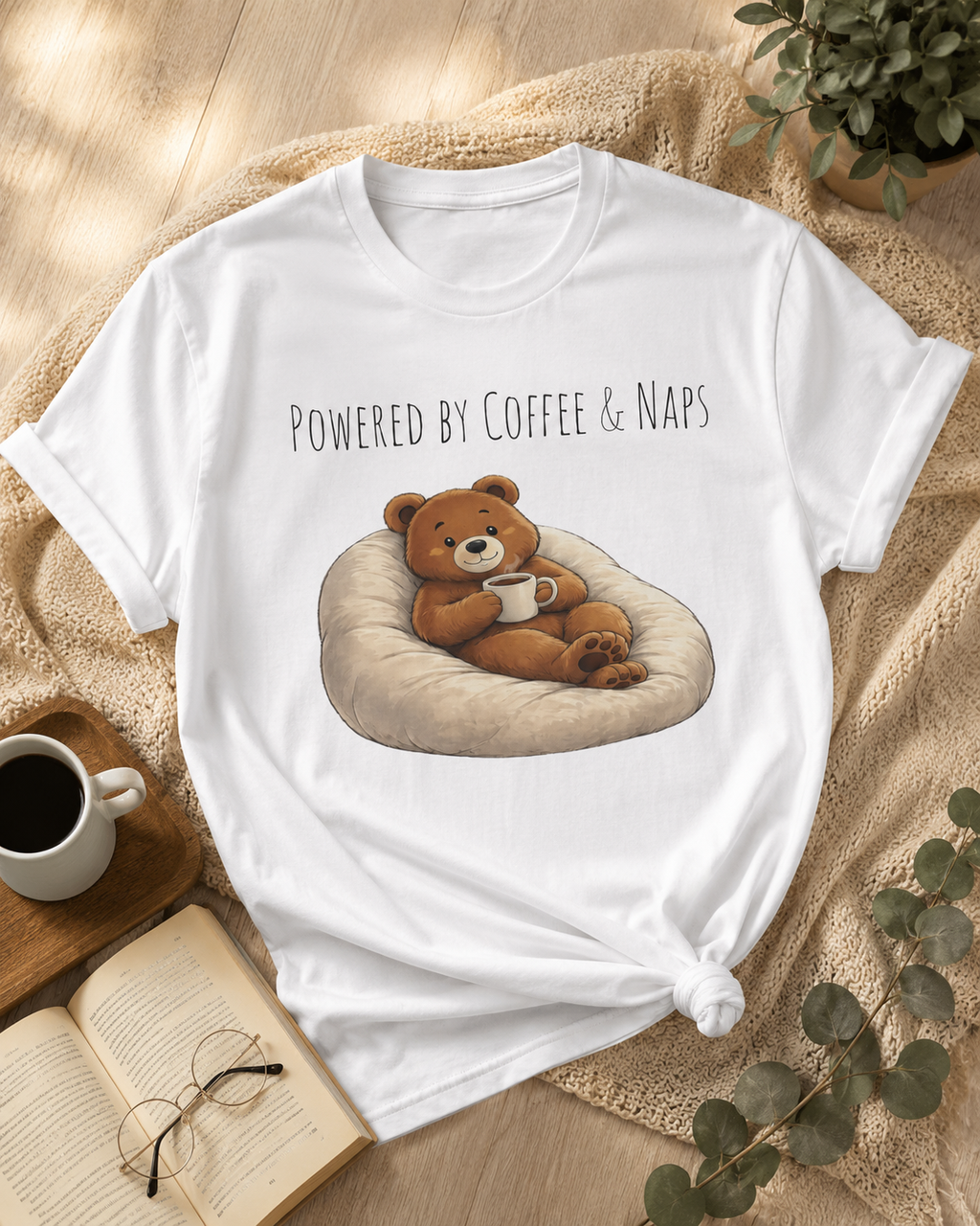 Powered by Coffee & Naps Bear T-Shirt | Cute Cozy Bear Unisex Graphic Tee | Coffee Lover Gift