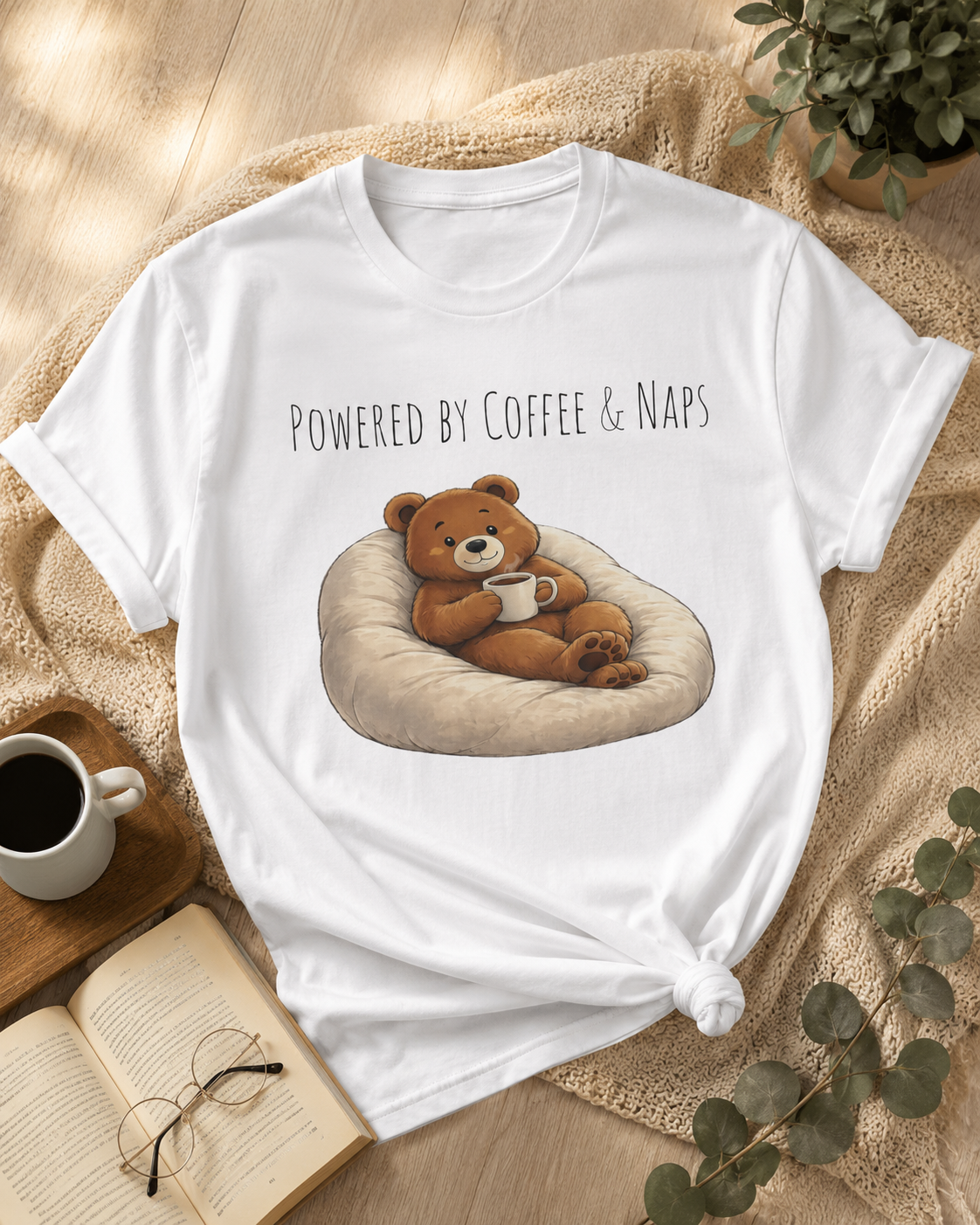 Powered by Coffee & Naps Bear T-Shirt | Cute Cozy Bear Unisex Graphic Tee | Coffee Lover Gift
