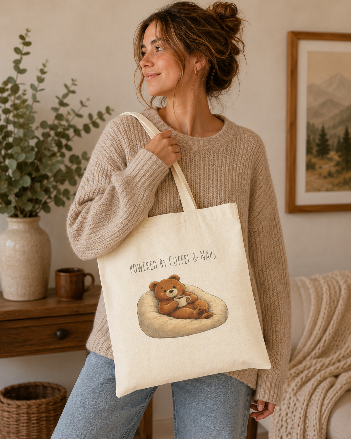 Powered by Coffee & Naps Bear Tote Bag | Cute Canvas Tote | Coffee Lover Gift | Reusable Shoulder Bag
