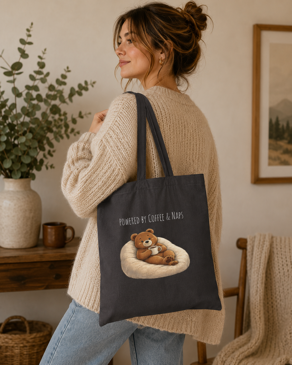 Powered by Coffee & Naps Bear Tote Bag | Cute Canvas Tote | Coffee Lover Gift | Reusable Shoulder Bag