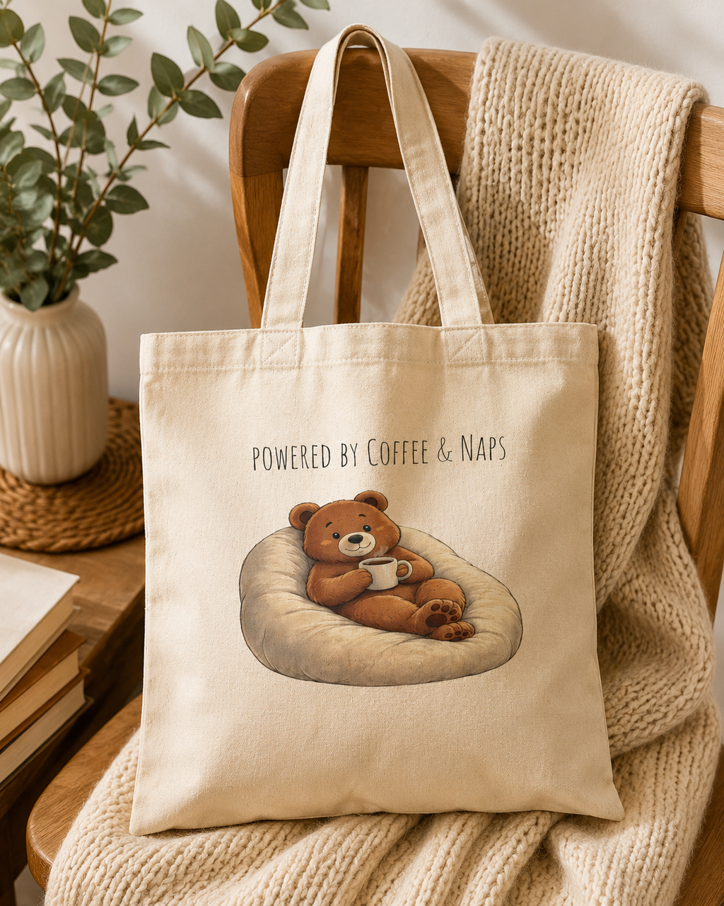 Powered by Coffee & Naps Bear Tote Bag | Cute Canvas Tote | Coffee Lover Gift | Reusable Shoulder Bag
