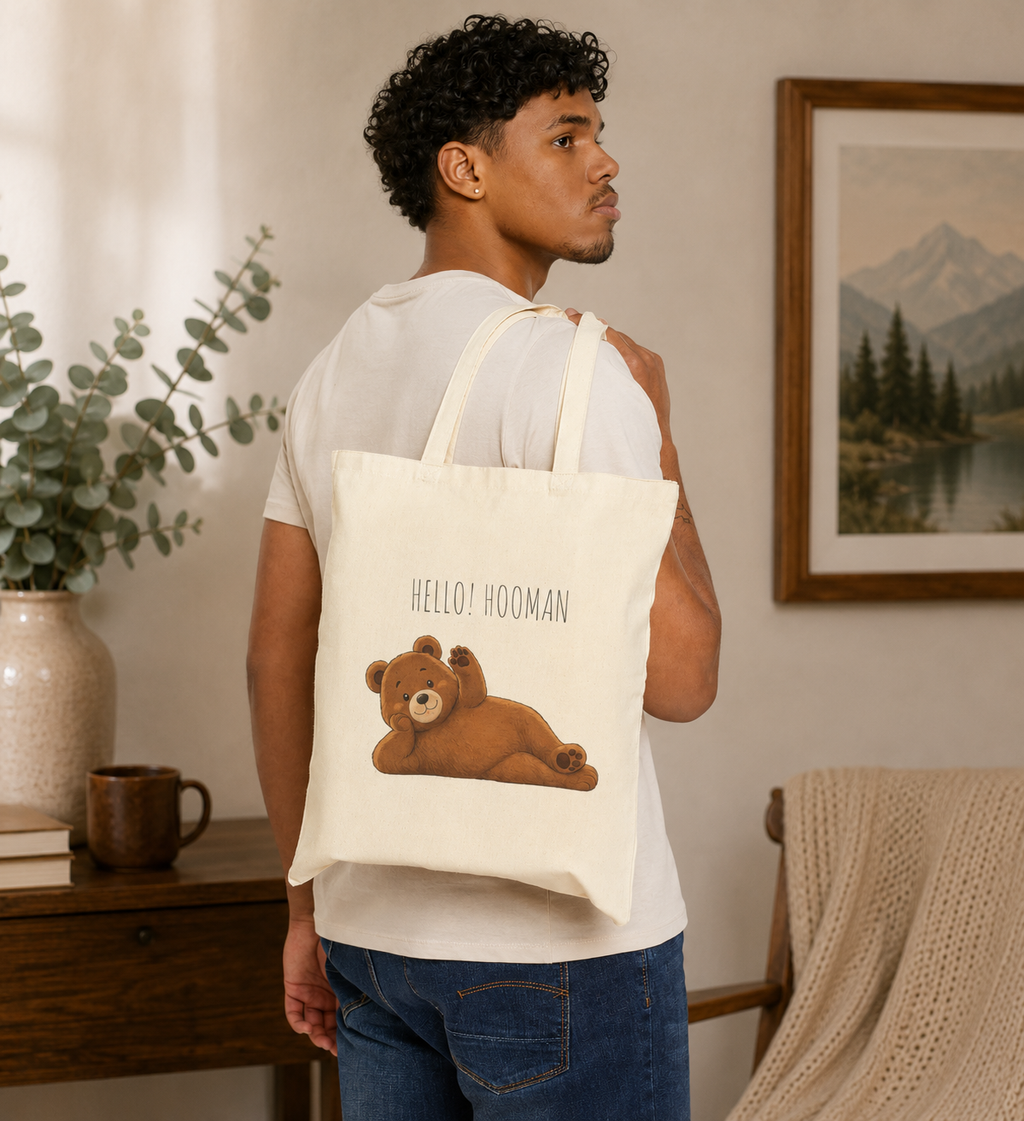 Hello Hooman Bear Tote Bag | Cute Canvas Tote for Everyday Use | Reusable Shoulder Bag | Bear Lover Gift