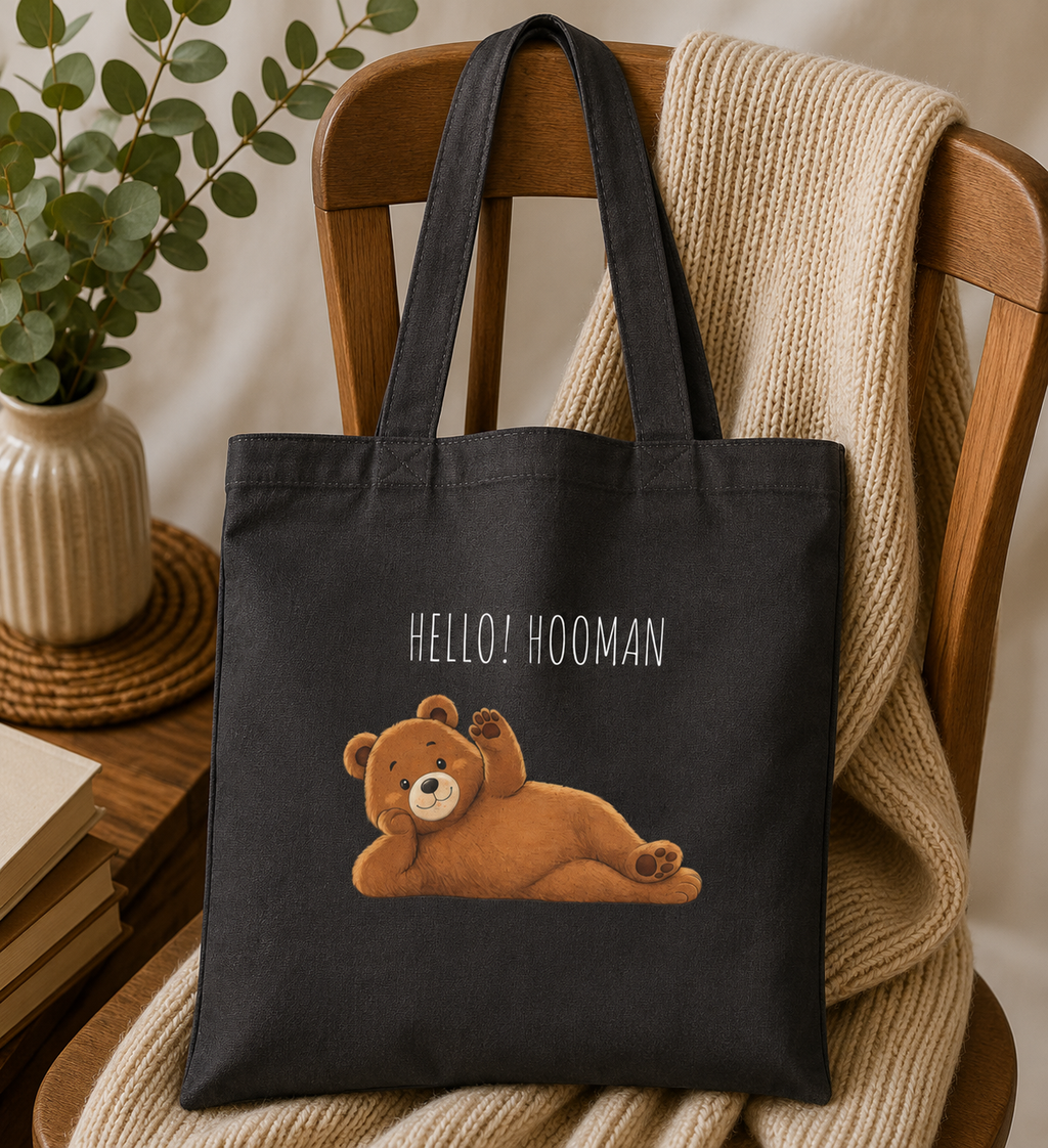 Hello Hooman Bear Tote Bag | Cute Canvas Tote for Everyday Use | Reusable Shoulder Bag | Bear Lover Gift