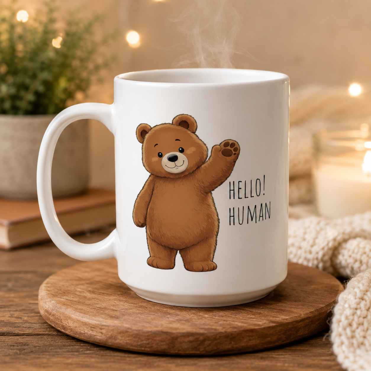 Hello Human Cute Bear Mug | Funny Bear Coffee Mug | Cute Ceramic Mug | Animal Lover Gift | 15oz Coffee Cup