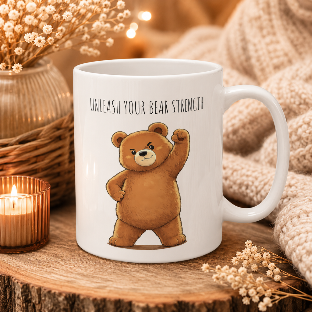 Cute Bear Coffee Mug | Unleash Your Bear Strength | Motivational Ceramic Mug | Bear Lover Gift | 15oz Coffee Cup