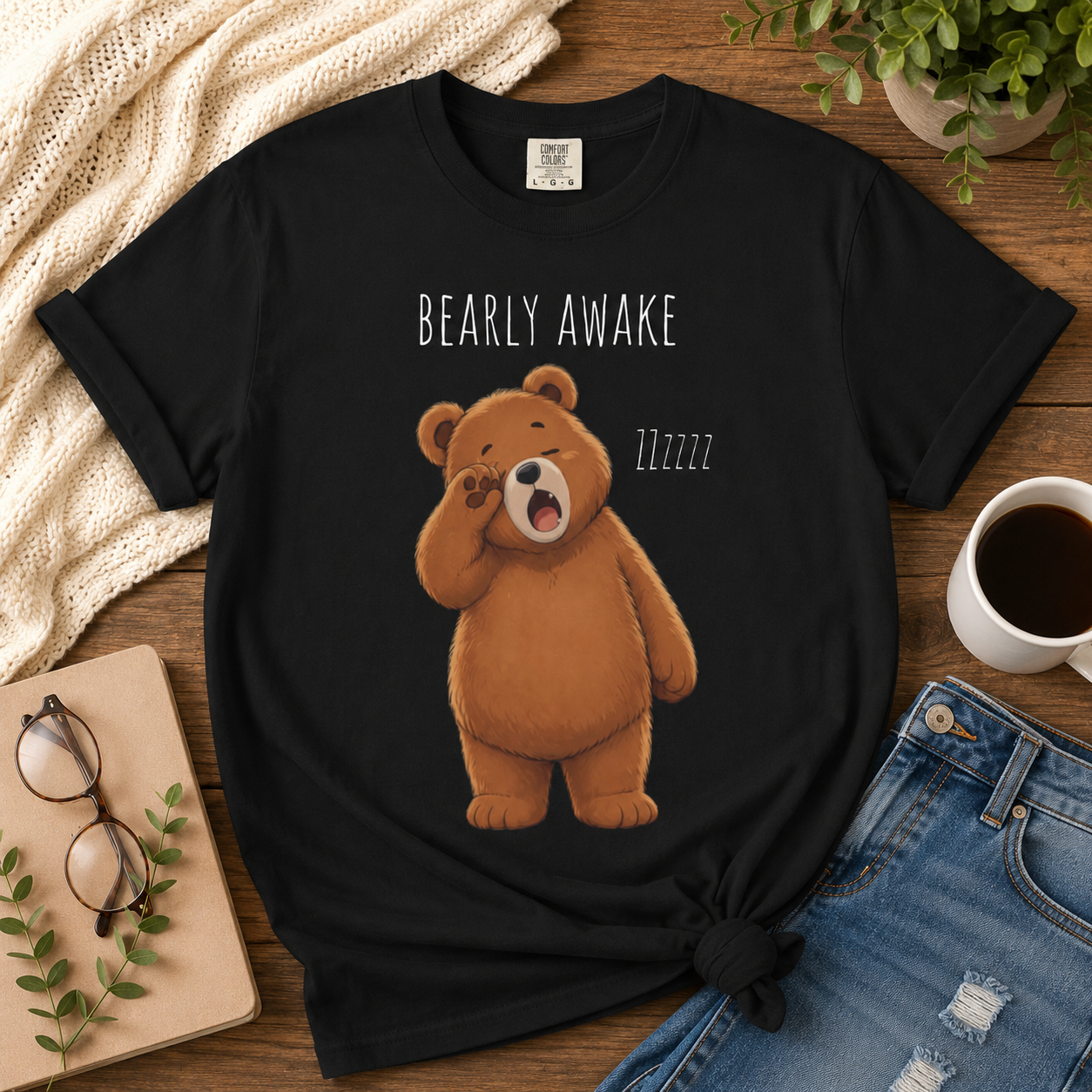 Bearly Awake Bear T-Shirt | Cute Funny Bear Graphic Tee | Unisex Comfort Colors Shirt | Sleepy Bear Gift