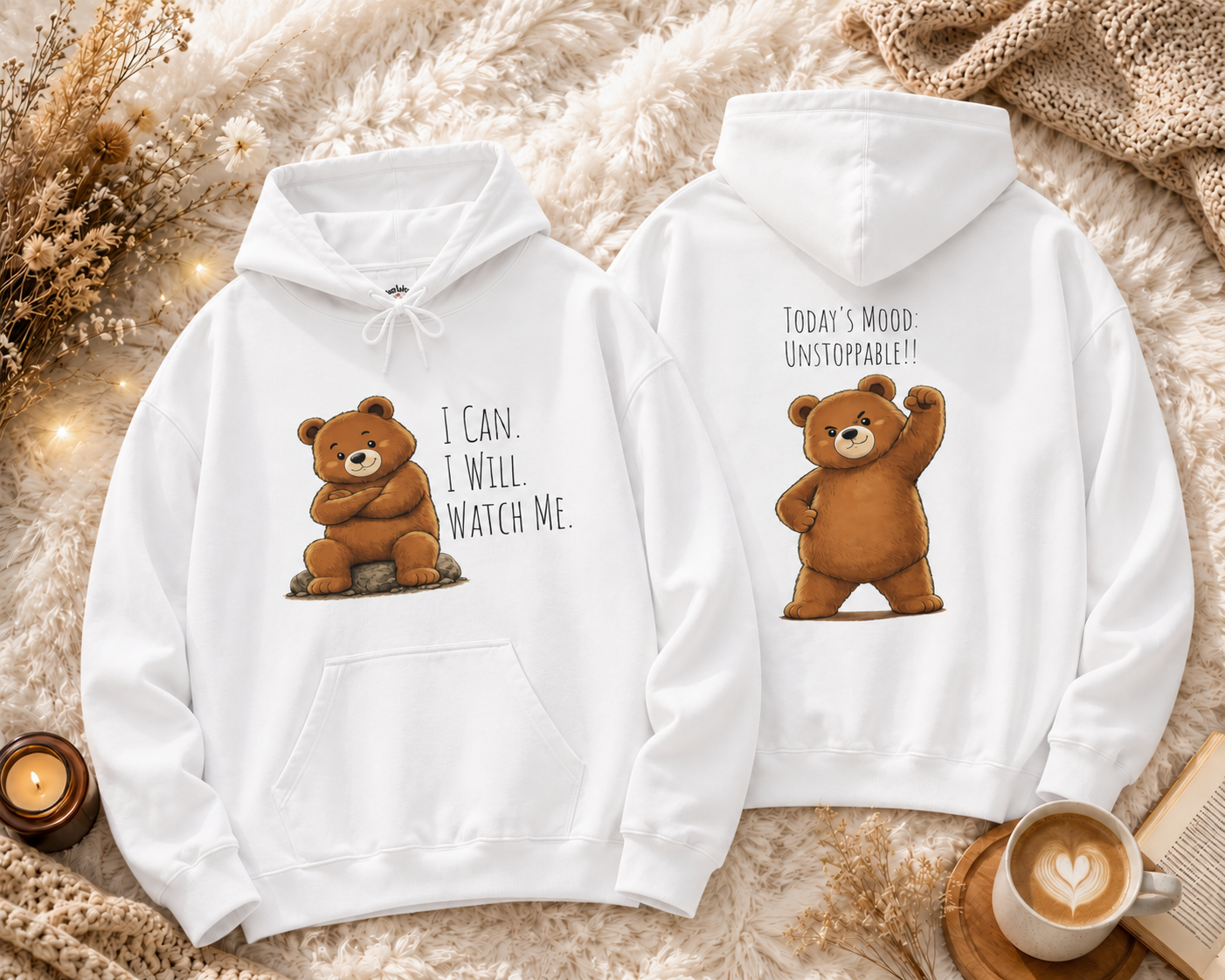 Cute Bear Motivational Hoodie | I Can. I Will. Watch Me. | Front & Back Graphic Unisex Pullover Sweatshirt