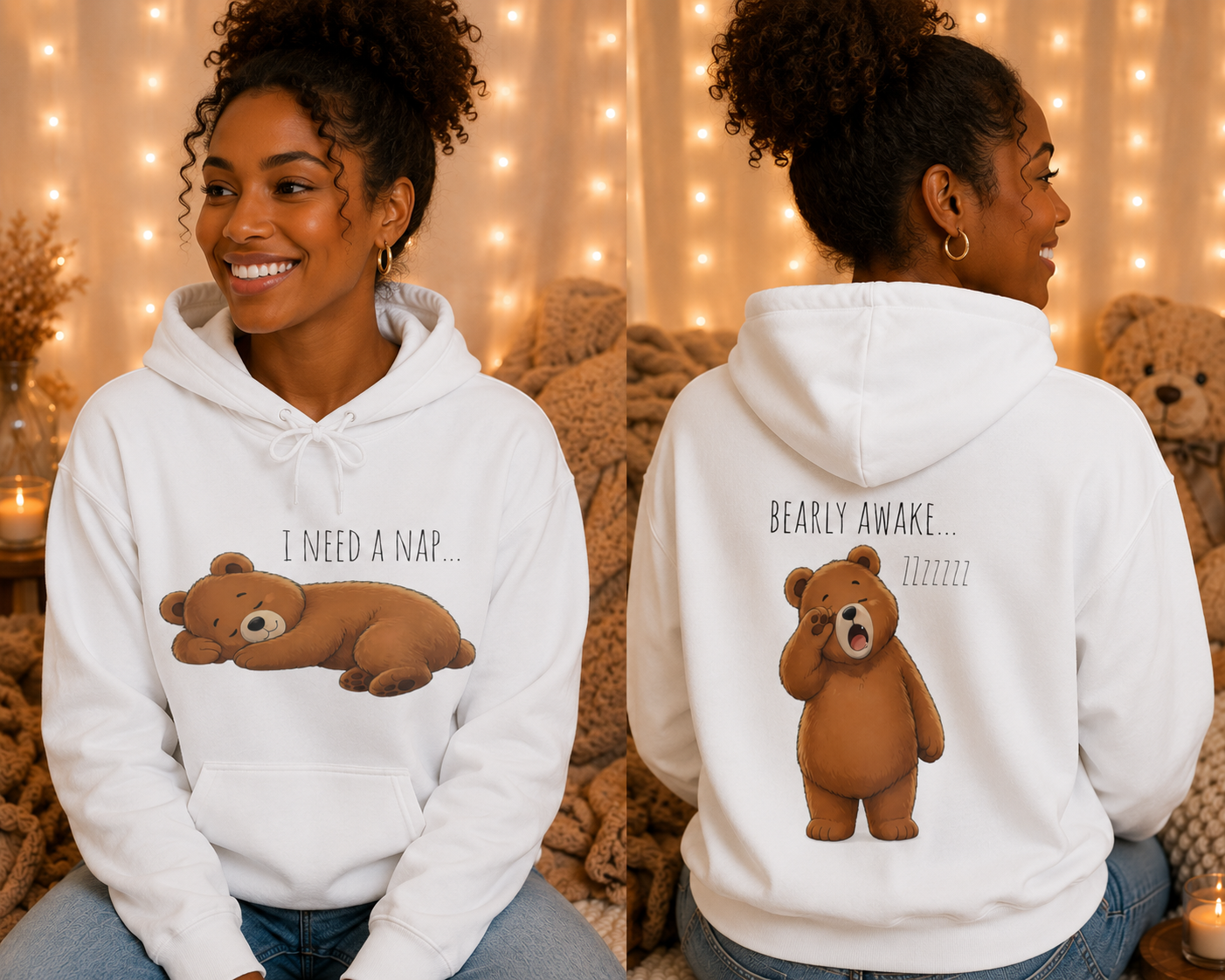 I Need A Nap Bearly Awake Bear Hoodie | Cute Bear Front Back Print Hoodie | Cozy Unisex Sweatshirt | Cute Bear Graphic Hoodie