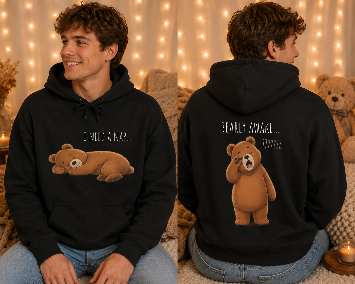 I Need A Nap Bearly Awake Bear Hoodie | Cute Bear Front Back Print Hoodie | Cozy Unisex Sweatshirt | Cute Bear Graphic Hoodie