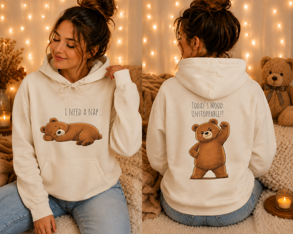 I Need A Nap Bearly Awake Bear Hoodie | Cute Bear Front Back Print Hoodie | Cozy Unisex Sweatshirt | Cute Bear Graphic Hoodie