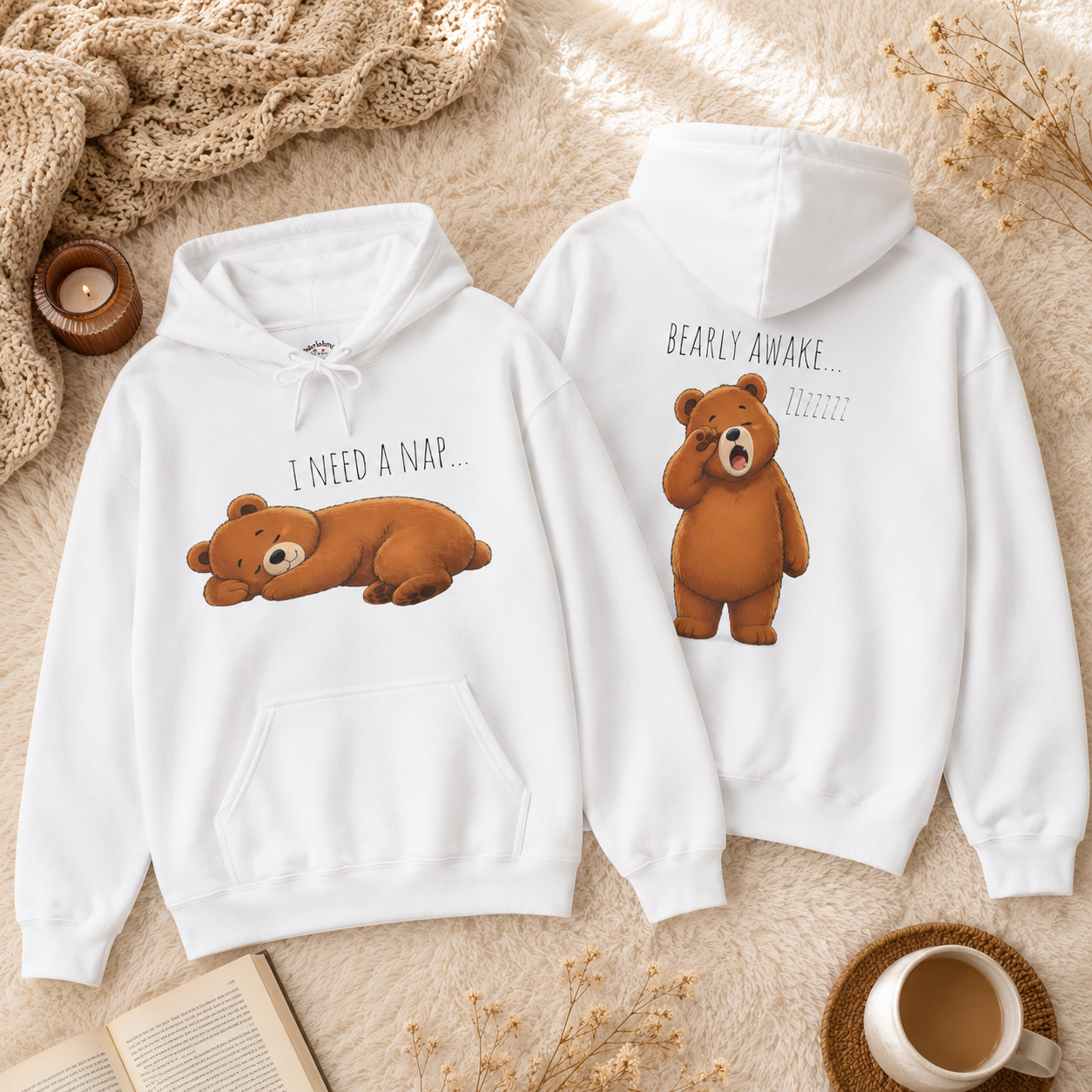 I Need A Nap Bearly Awake Bear Hoodie | Cute Bear Front Back Print Hoodie | Cozy Unisex Sweatshirt | Cute Bear Graphic Hoodie