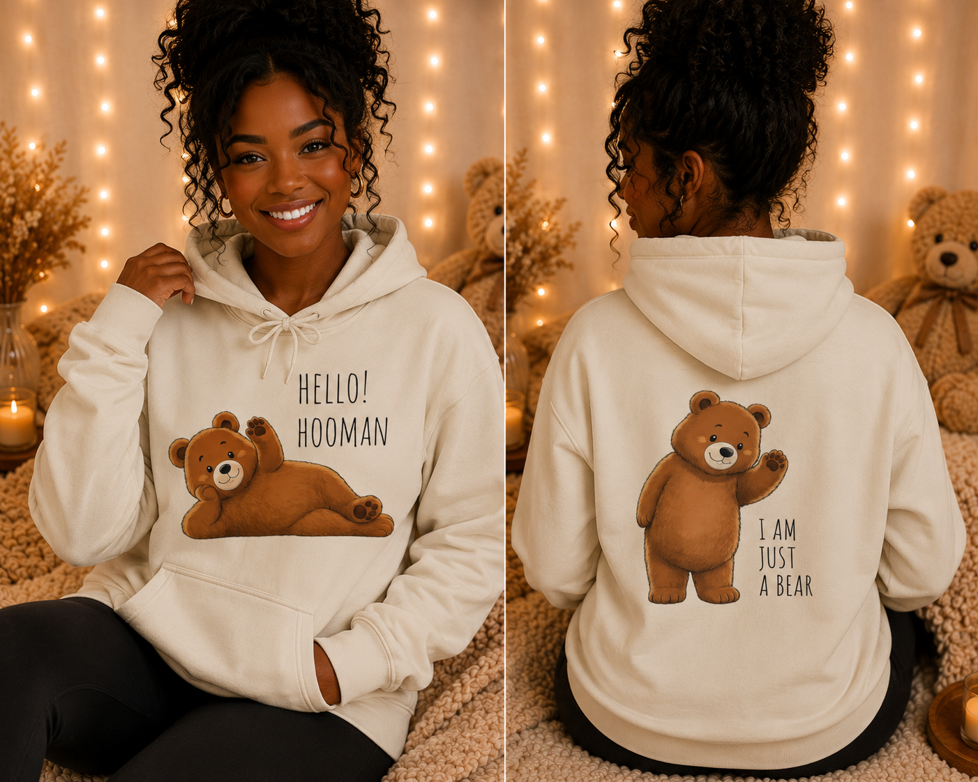 Hello Hooman Bear Hoodie | Cute Bear Graphic Unisex Hoodie | Cozy Animal Lover Gift