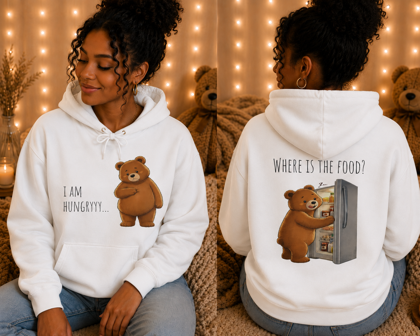 Where Is The Food? Bear Hoodie | Funny Hungry Bear Graphic Hoodie | Cute Foodie Gift | Unisex Cozy Sweatshirt | Front & Back Print