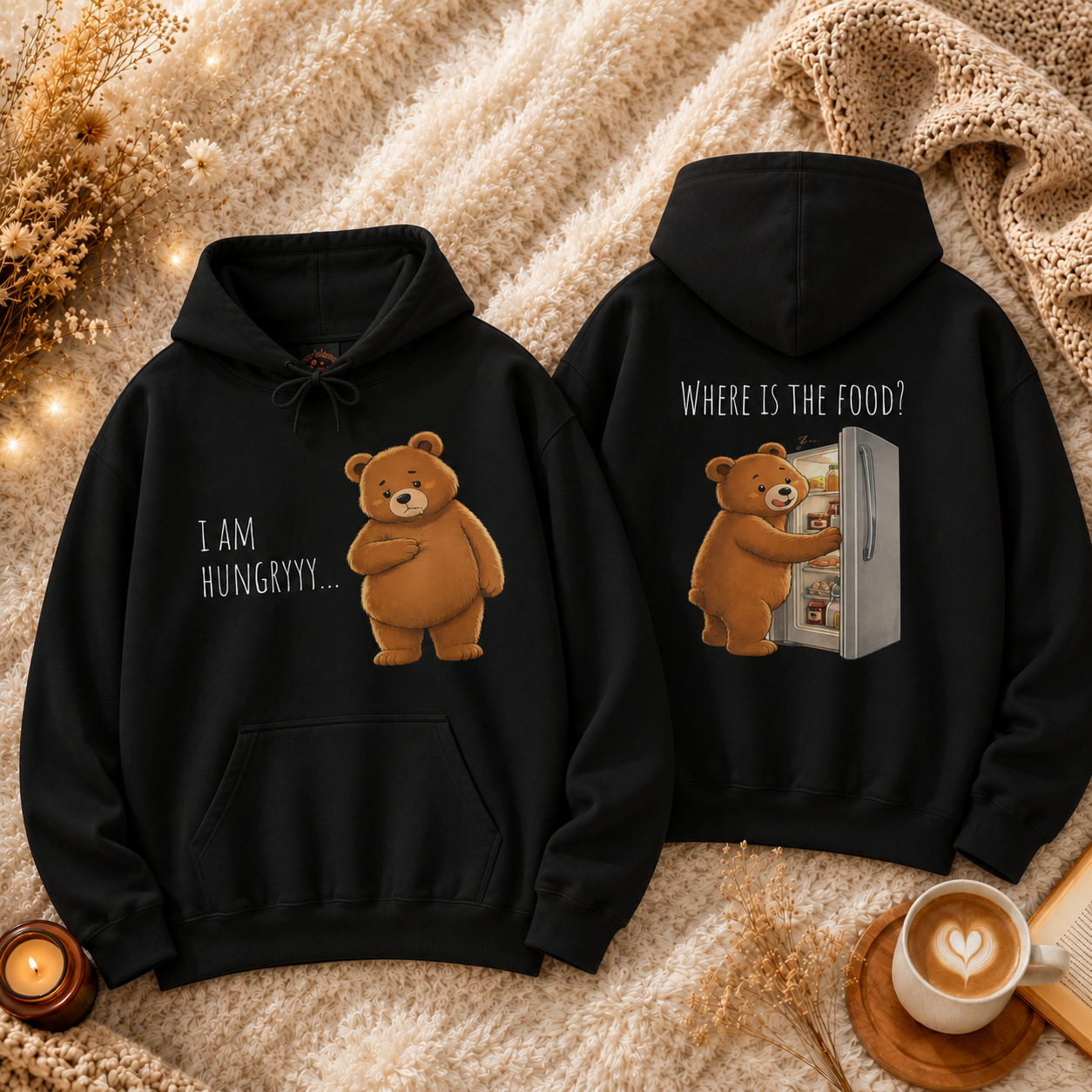 Where Is The Food? Bear Hoodie | Funny Hungry Bear Graphic Hoodie | Cute Foodie Gift | Unisex Cozy Sweatshirt | Front & Back Print