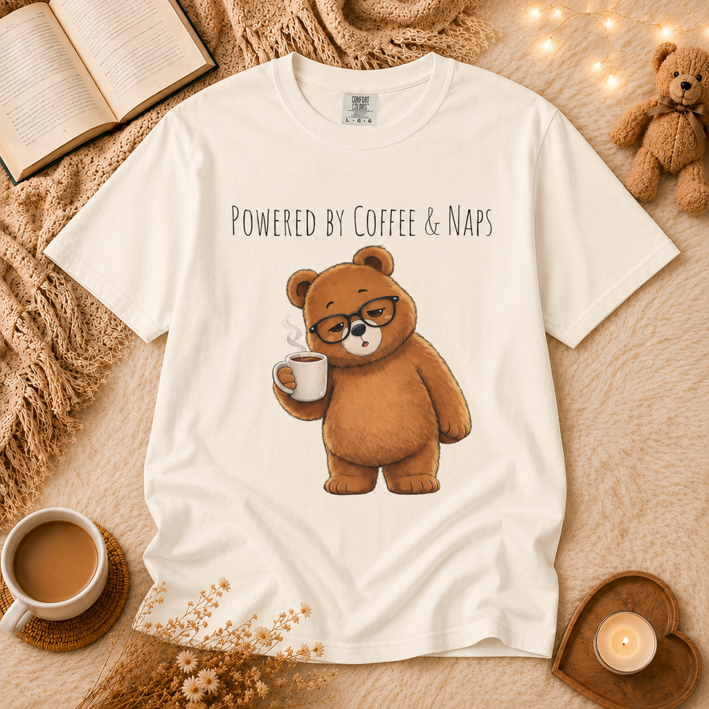 Powered by Coffee & Naps Bear T-Shirt | Cute Cozy Bear Unisex Graphic Tee | Coffee Lover Gift