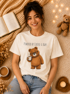 Powered by Coffee & Naps Bear T-Shirt | Cute Cozy Bear Unisex Graphic Tee | Coffee Lover Gift
