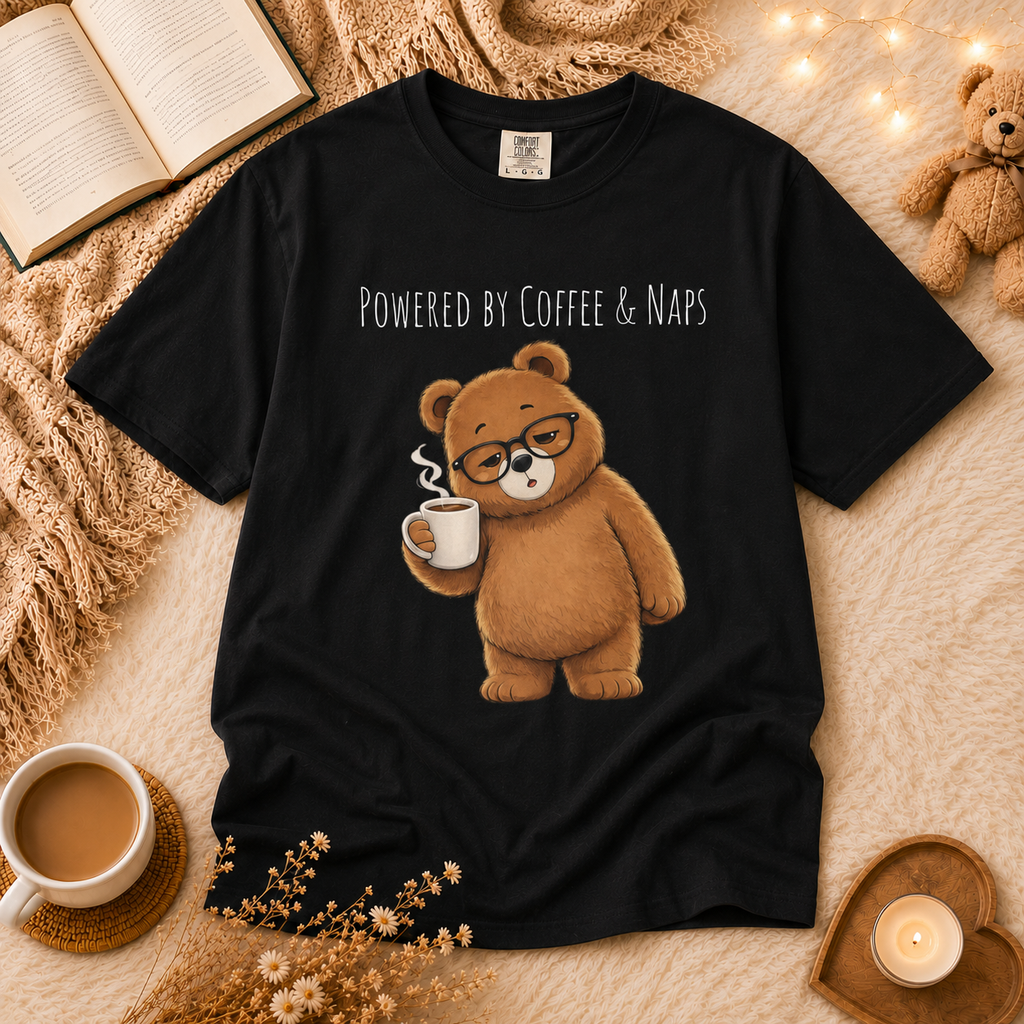 Powered by Coffee & Naps Bear T-Shirt | Cute Cozy Bear Unisex Graphic Tee | Coffee Lover Gift
