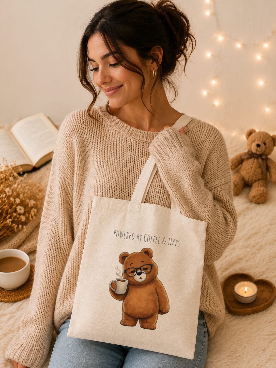 Powered by Coffee & Naps Bear Tote Bag | Cute Canvas Tote | Coffee Lover Gift | Reusable Shoulder Bag