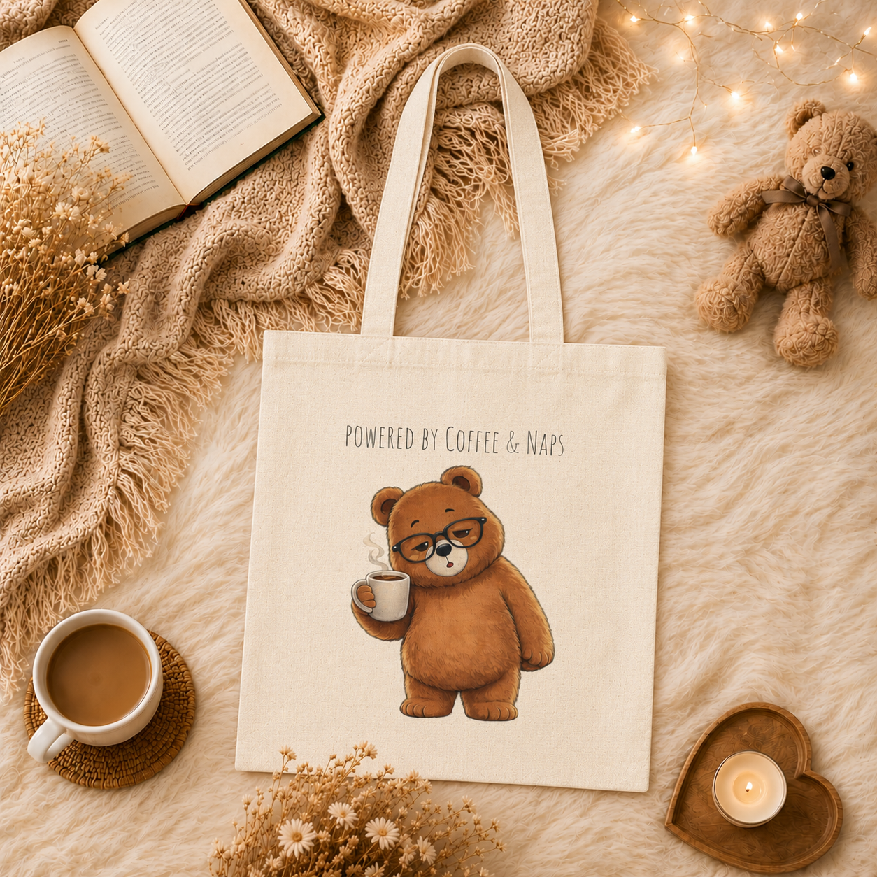 Powered by Coffee & Naps Bear Tote Bag | Cute Canvas Tote | Coffee Lover Gift | Reusable Shoulder Bag