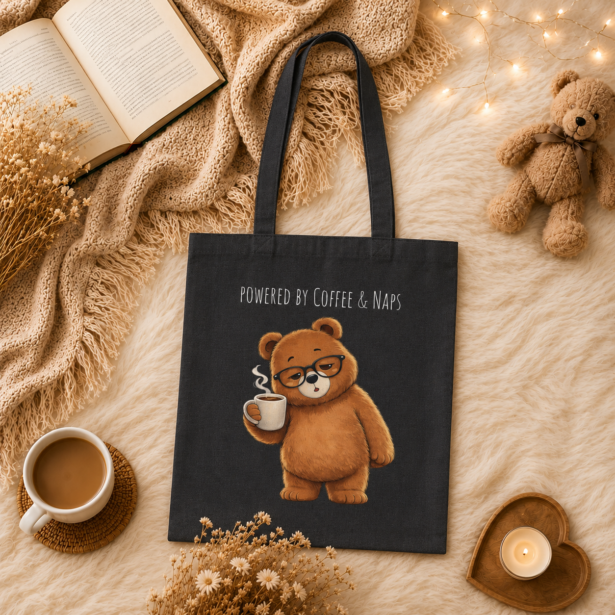 Powered by Coffee & Naps Bear Tote Bag | Cute Canvas Tote | Coffee Lover Gift | Reusable Shoulder Bag