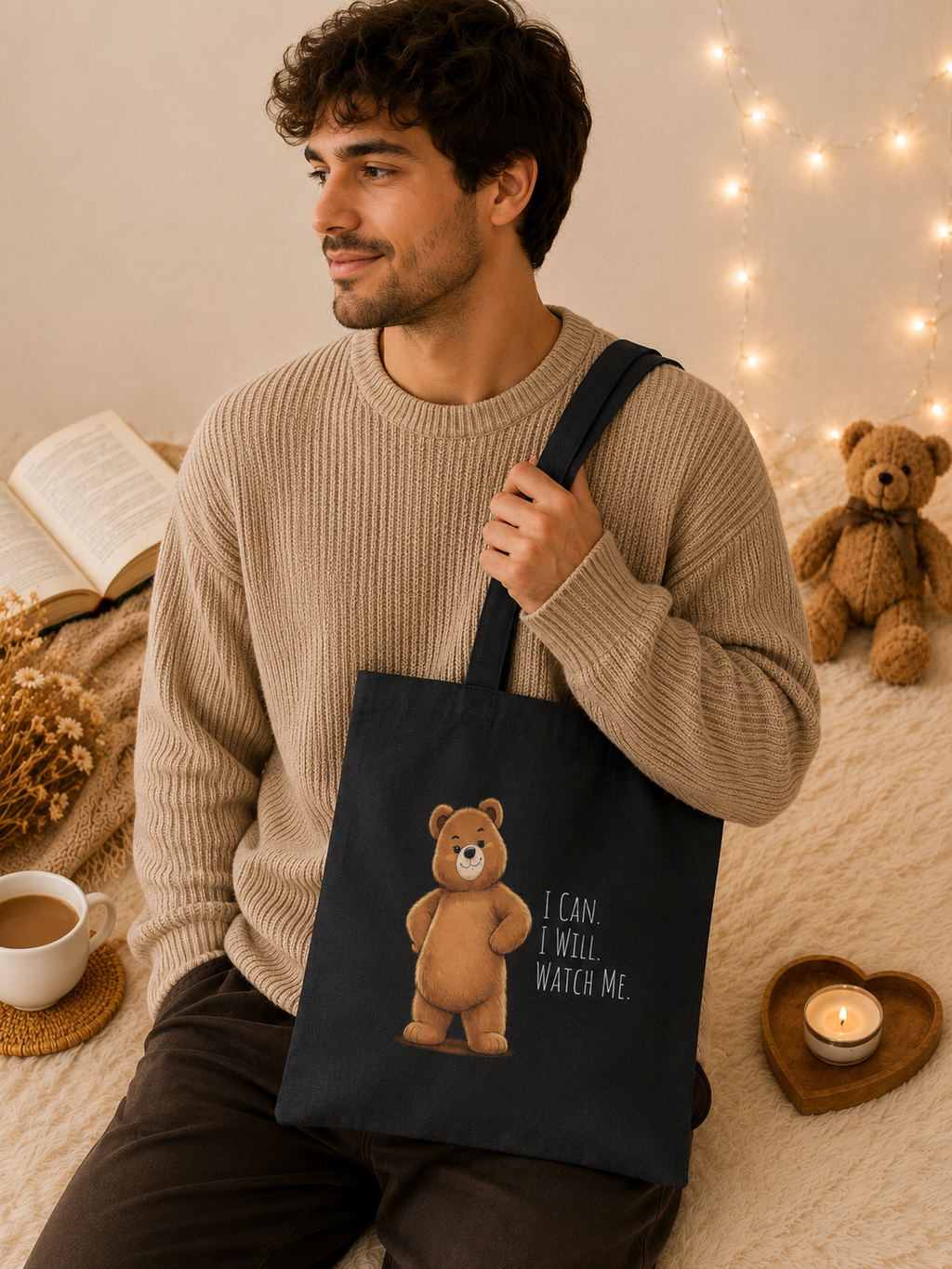 Cute Bear Canvas Tote Bag | I Can I Will Watch Me | Motivational Reusable Tote | Cute Canvas Tote | Coffee Lover Gift |Reusable Shoulder Bag