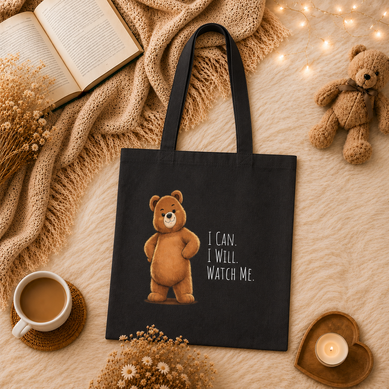 Cute Bear Canvas Tote Bag | I Can I Will Watch Me | Motivational Reusable Tote | Cute Canvas Tote | Coffee Lover Gift |Reusable Shoulder Bag