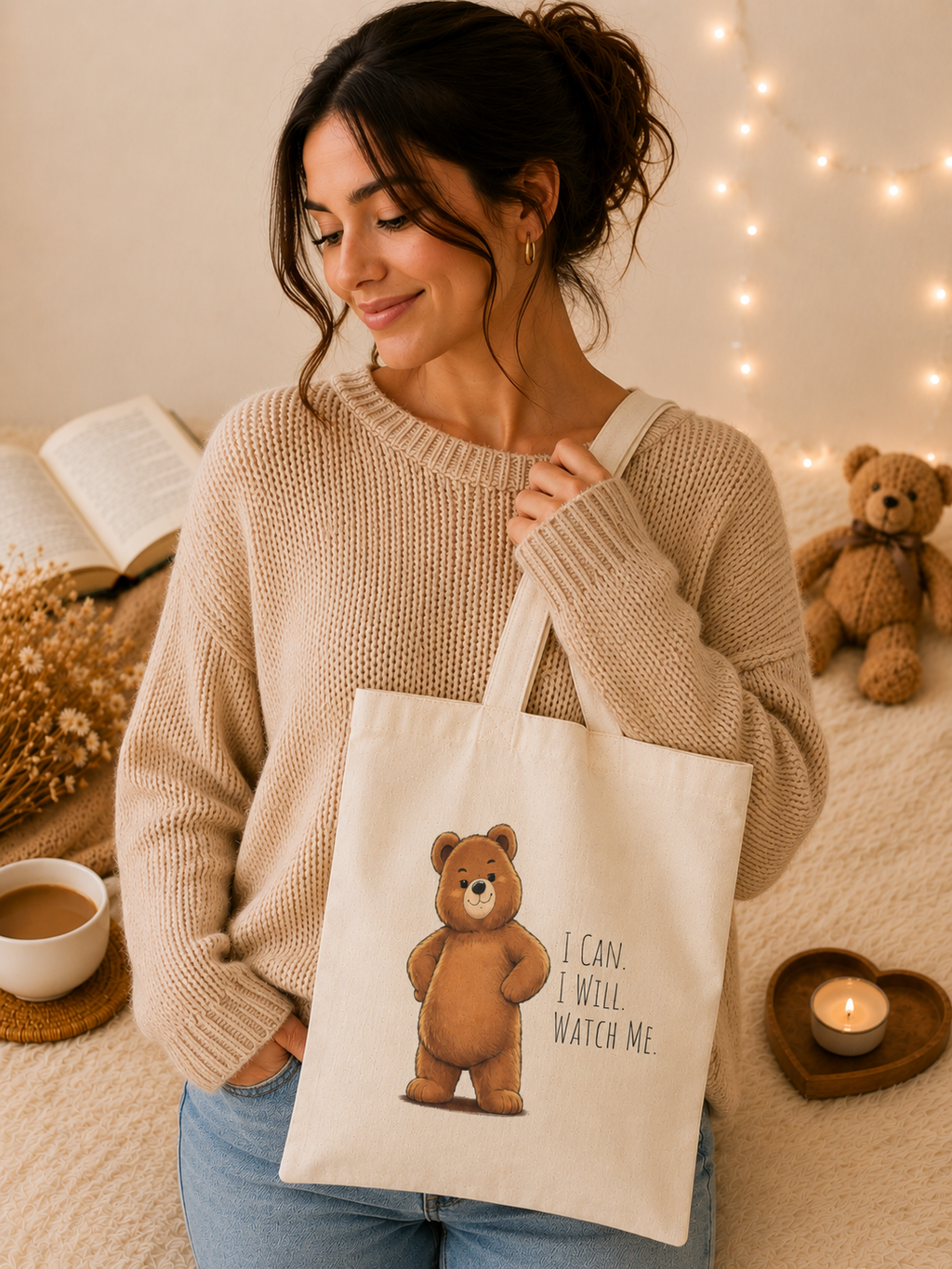 Cute Bear Canvas Tote Bag | I Can I Will Watch Me | Motivational Reusable Tote | Cute Canvas Tote | Coffee Lover Gift |Reusable Shoulder Bag