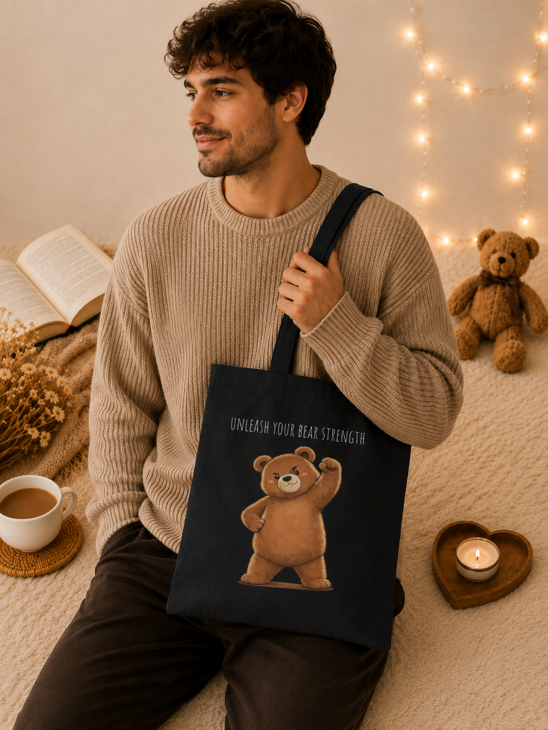 Cute Bear Canvas Tote Bag | Unleash Your Bear Strength| Motivational Reusable Tote | Bear Lover Gift |Reusable Shoulder Bag