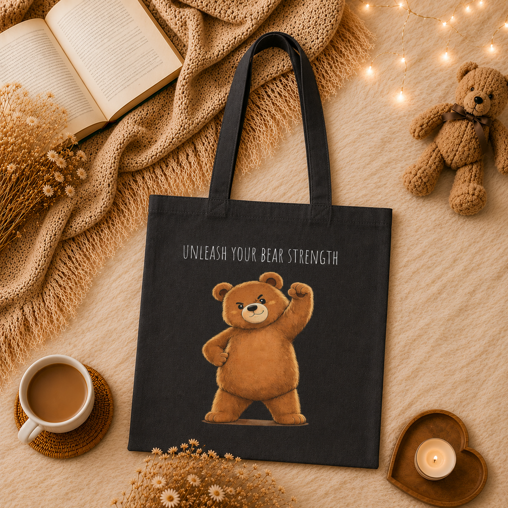 Cute Bear Canvas Tote Bag | Unleash Your Bear Strength| Motivational Reusable Tote | Bear Lover Gift |Reusable Shoulder Bag