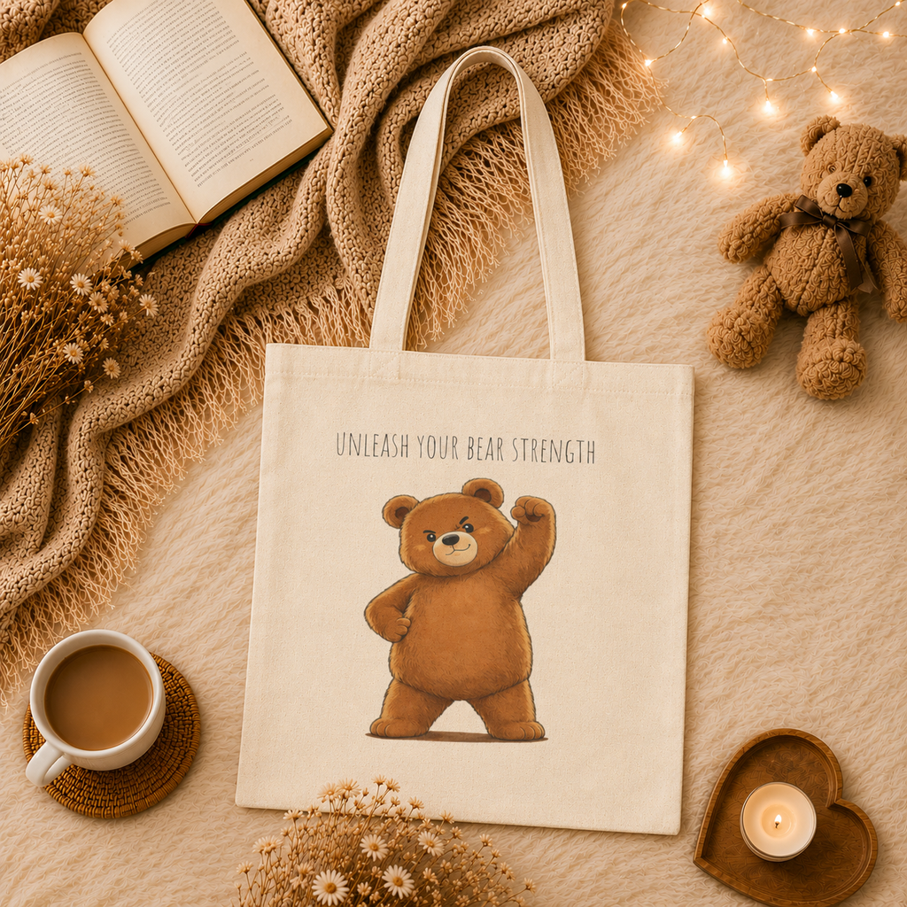 Cute Bear Canvas Tote Bag | Unleash Your Bear Strength| Motivational Reusable Tote | Bear Lover Gift |Reusable Shoulder Bag