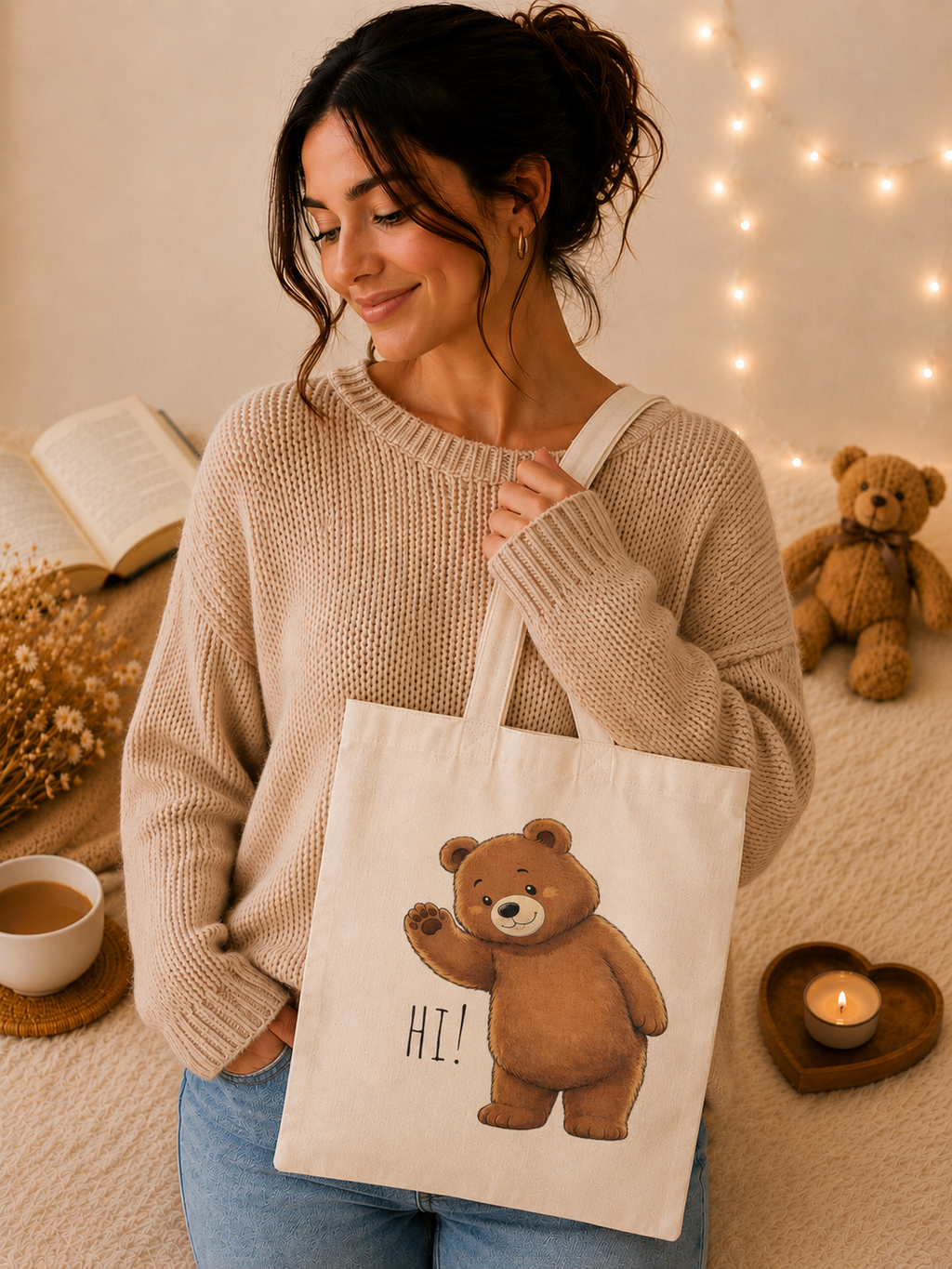 Cute Teddy Bear Tote Bag | Kawaii Canvas Tote | Reusable Shopping Bag | Cute Bear Gift | Everyday Shoulder Bag
