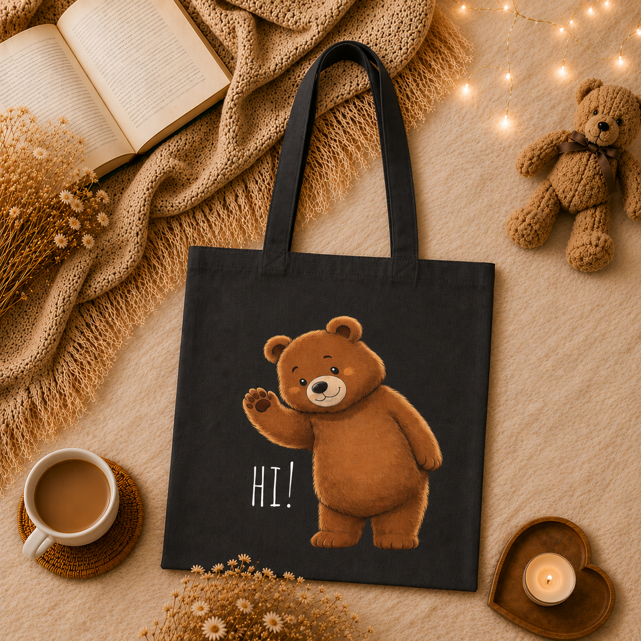 Cute Teddy Bear Tote Bag | Kawaii Canvas Tote | Reusable Shopping Bag | Cute Bear Gift | Everyday Shoulder Bag