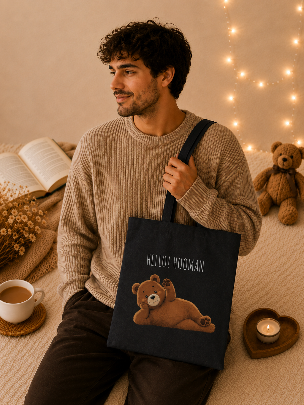 Hello Hooman Bear Tote Bag | Cute Canvas Tote for Everyday Use | Reusable Shoulder Bag | Bear Lover Gift