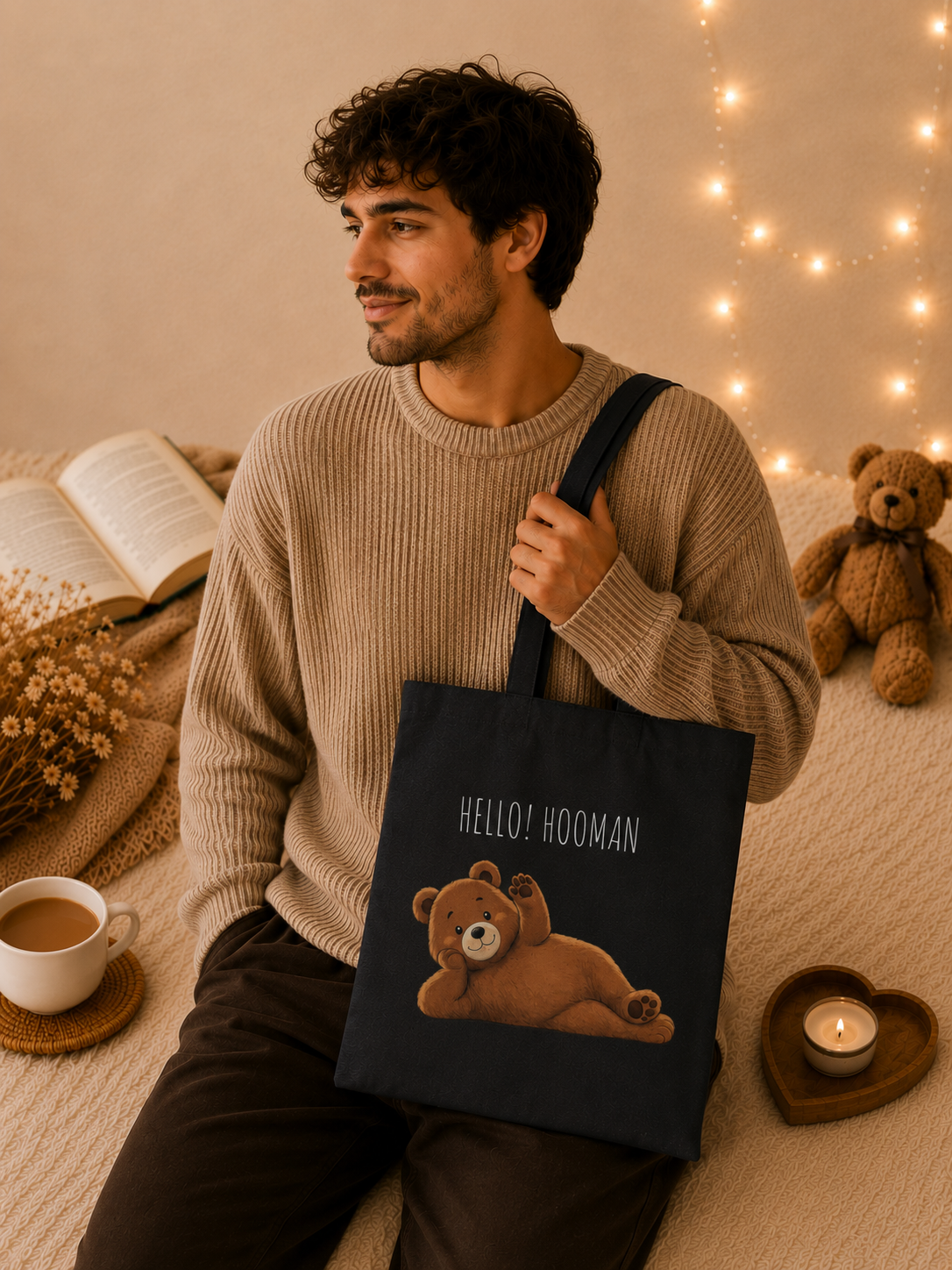 Hello Hooman Bear Tote Bag | Cute Canvas Tote for Everyday Use | Reusable Shoulder Bag | Bear Lover Gift