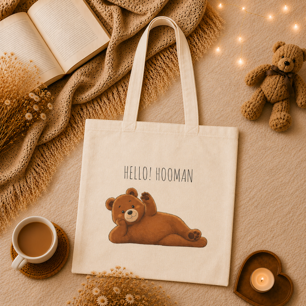 Hello Hooman Bear Tote Bag | Cute Canvas Tote for Everyday Use | Reusable Shoulder Bag | Bear Lover Gift