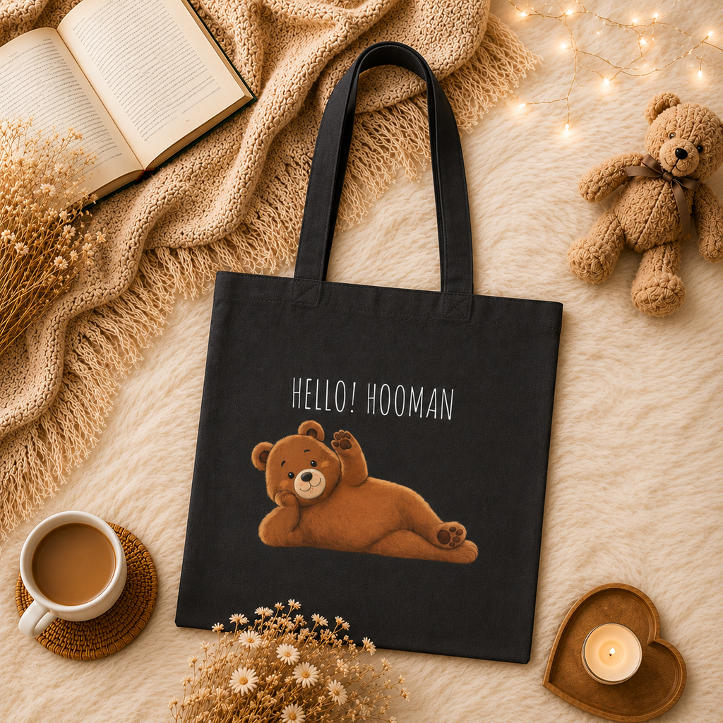 Hello Hooman Bear Tote Bag | Cute Canvas Tote for Everyday Use | Reusable Shoulder Bag | Bear Lover Gift