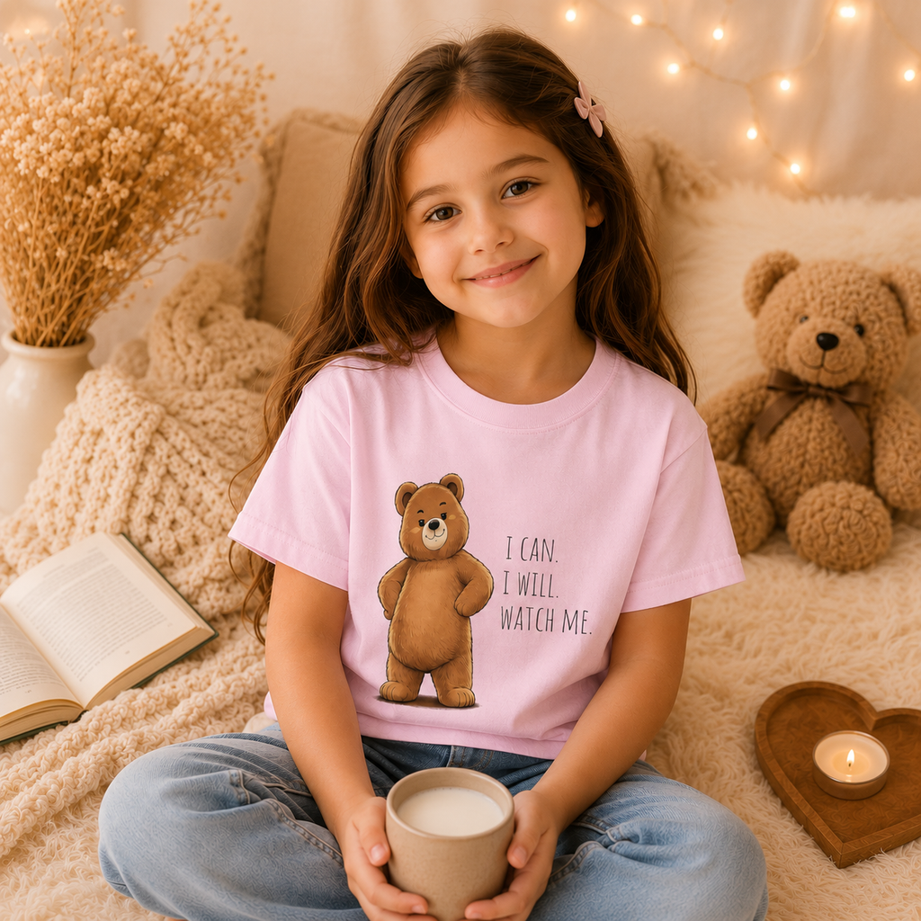 I Can. I Will. Watch Me. Cute Bear Kids T-Shirt | Motivational Bear Graphic Tee | Youth XS-XL | Ages 4-14