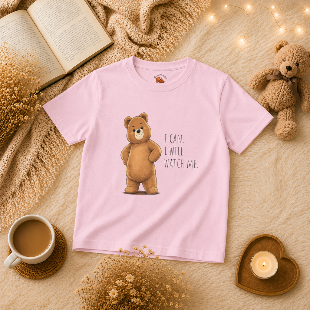 I Can. I Will. Watch Me. Cute Bear Kids T-Shirt | Motivational Bear Graphic Tee | Youth XS-XL | Ages 4-14