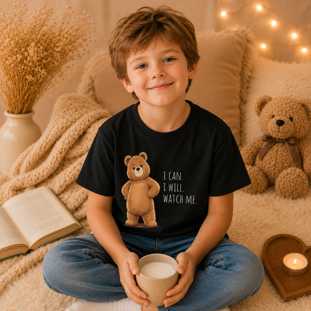 I Can. I Will. Watch Me. Cute Bear Kids T-Shirt | Motivational Bear Graphic Tee | Youth XS-XL | Ages 4-14