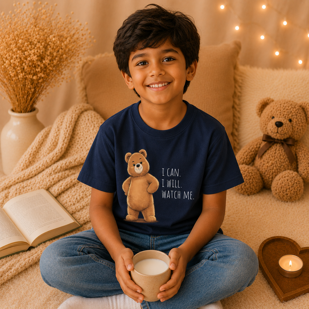 I Can. I Will. Watch Me. Cute Bear Kids T-Shirt | Motivational Bear Graphic Tee | Youth XS-XL | Ages 4-14