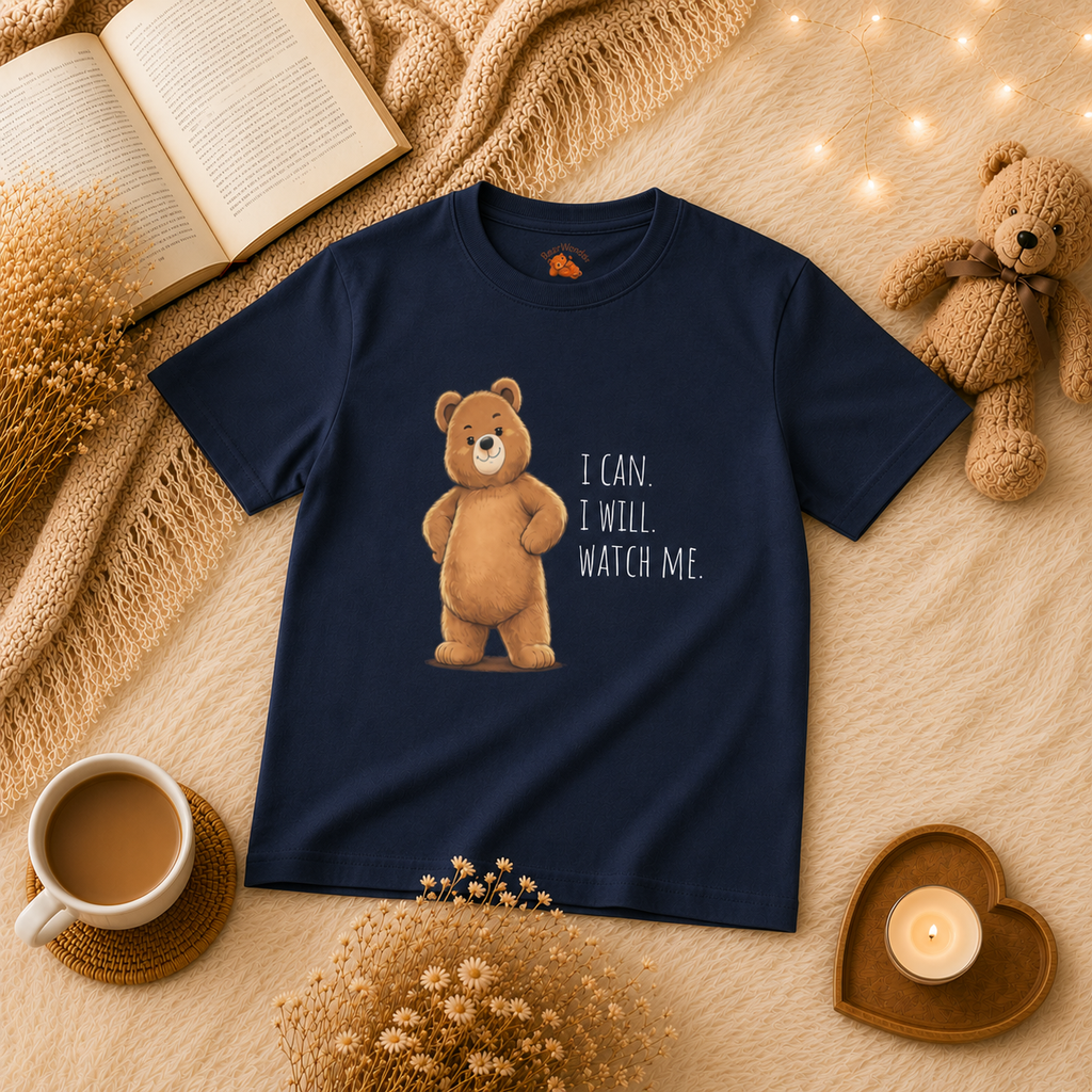 I Can. I Will. Watch Me. Cute Bear Kids T-Shirt | Motivational Bear Graphic Tee | Youth XS-XL | Ages 4-14