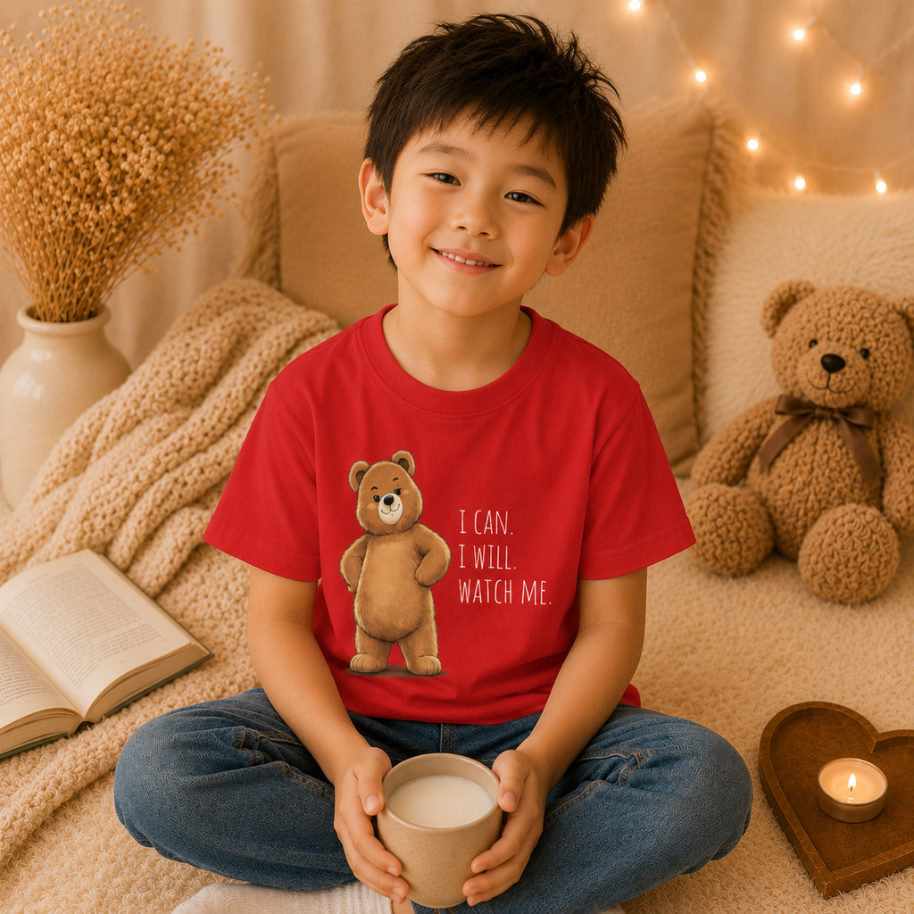 I Can. I Will. Watch Me. Cute Bear Kids T-Shirt | Motivational Bear Graphic Tee | Youth XS-XL | Ages 4-14