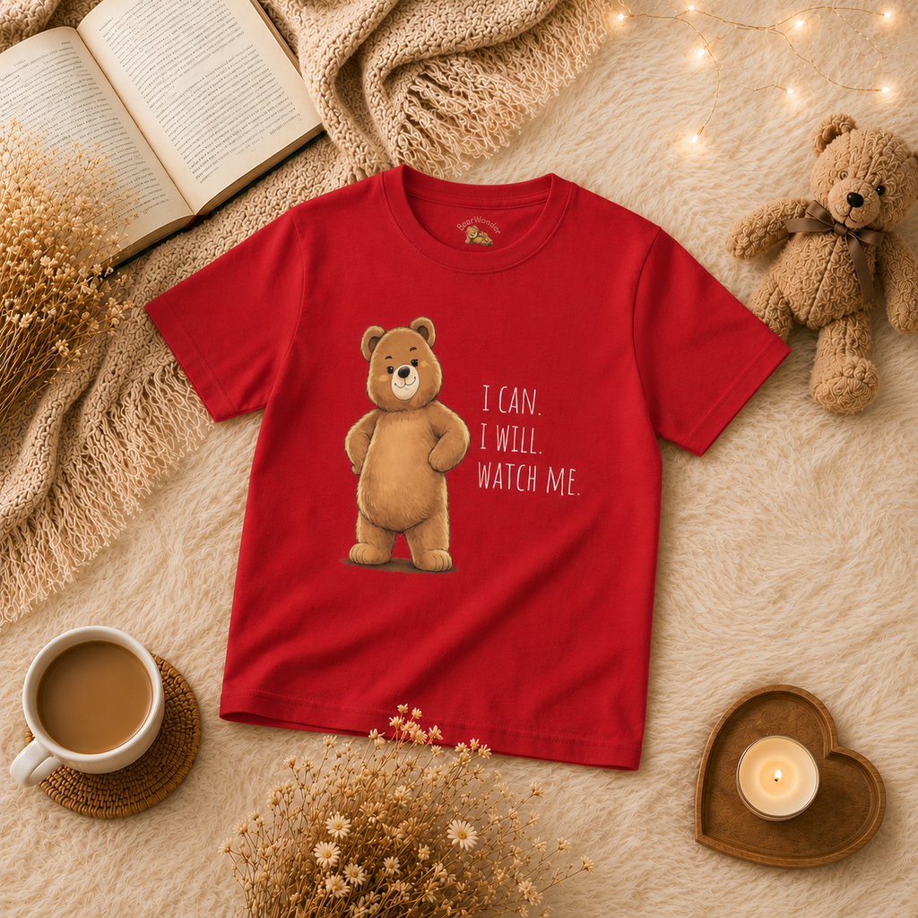 I Can. I Will. Watch Me. Cute Bear Kids T-Shirt | Motivational Bear Graphic Tee | Youth XS-XL | Ages 4-14