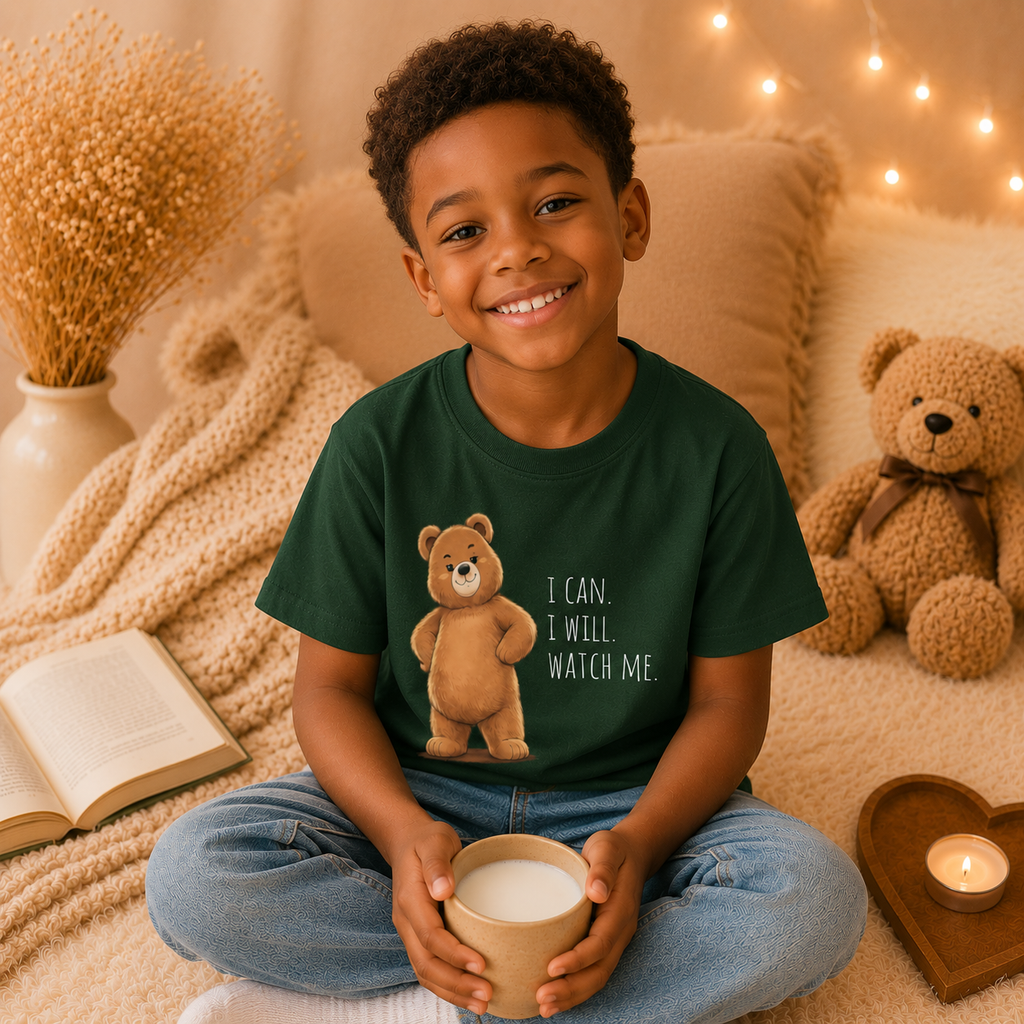 I Can. I Will. Watch Me. Cute Bear Kids T-Shirt | Motivational Bear Graphic Tee | Youth XS-XL | Ages 4-14