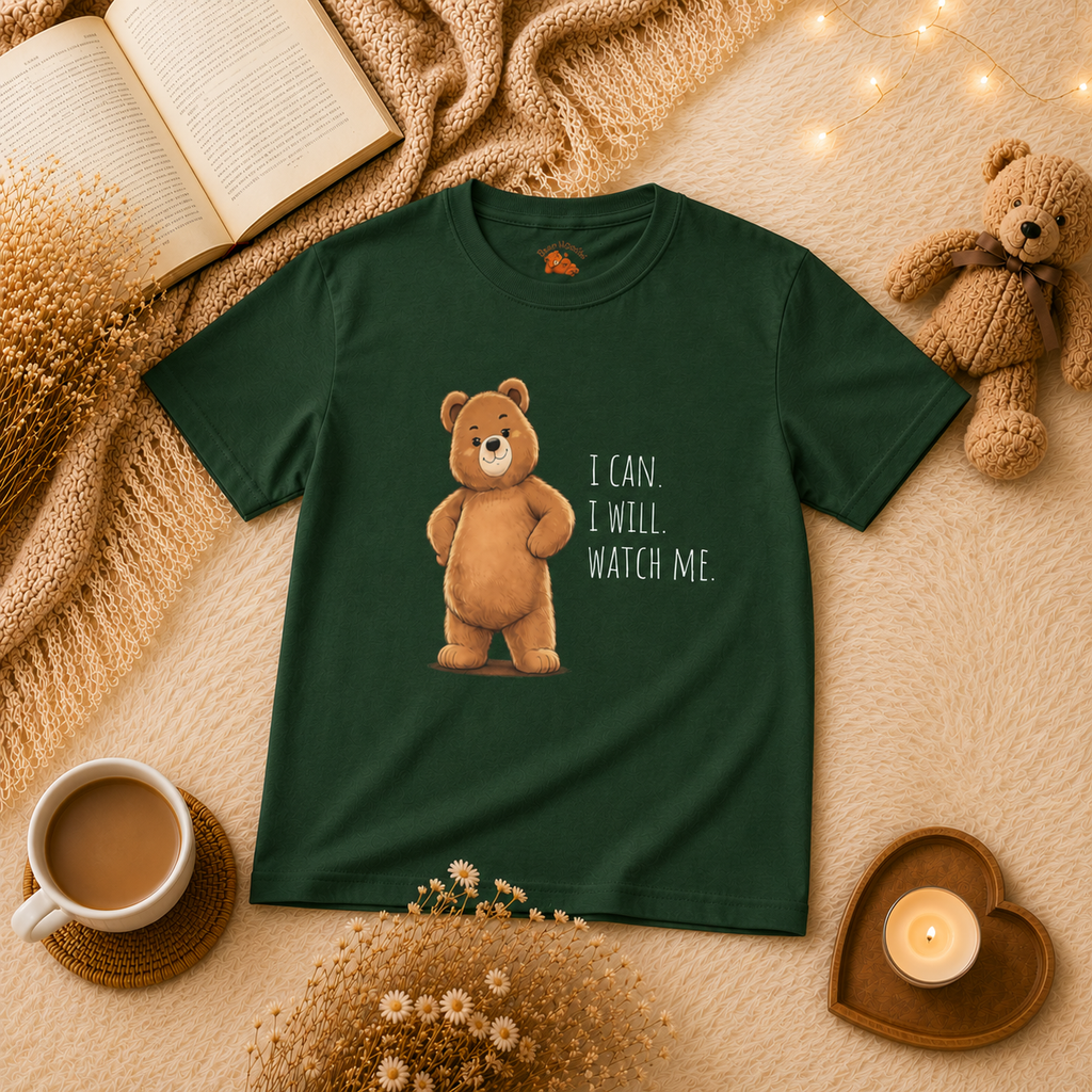 I Can. I Will. Watch Me. Cute Bear Kids T-Shirt | Motivational Bear Graphic Tee | Youth XS-XL | Ages 4-14