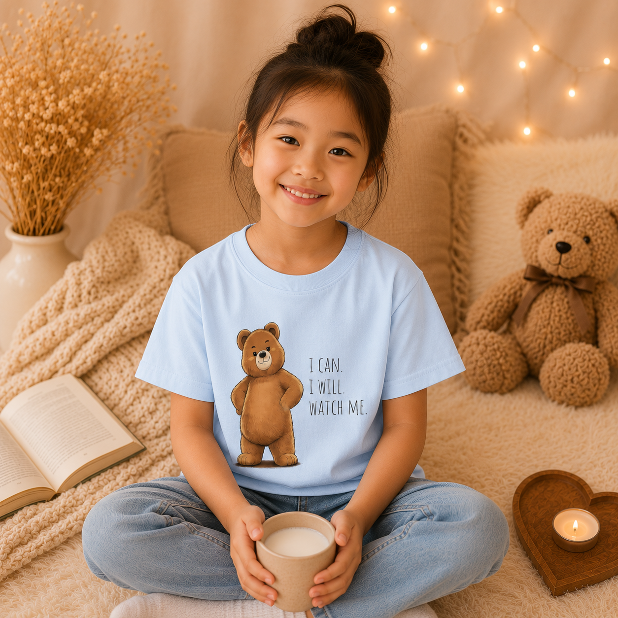 I Can. I Will. Watch Me. Cute Bear Kids T-Shirt | Motivational Bear Graphic Tee | Youth XS-XL | Ages 4-14