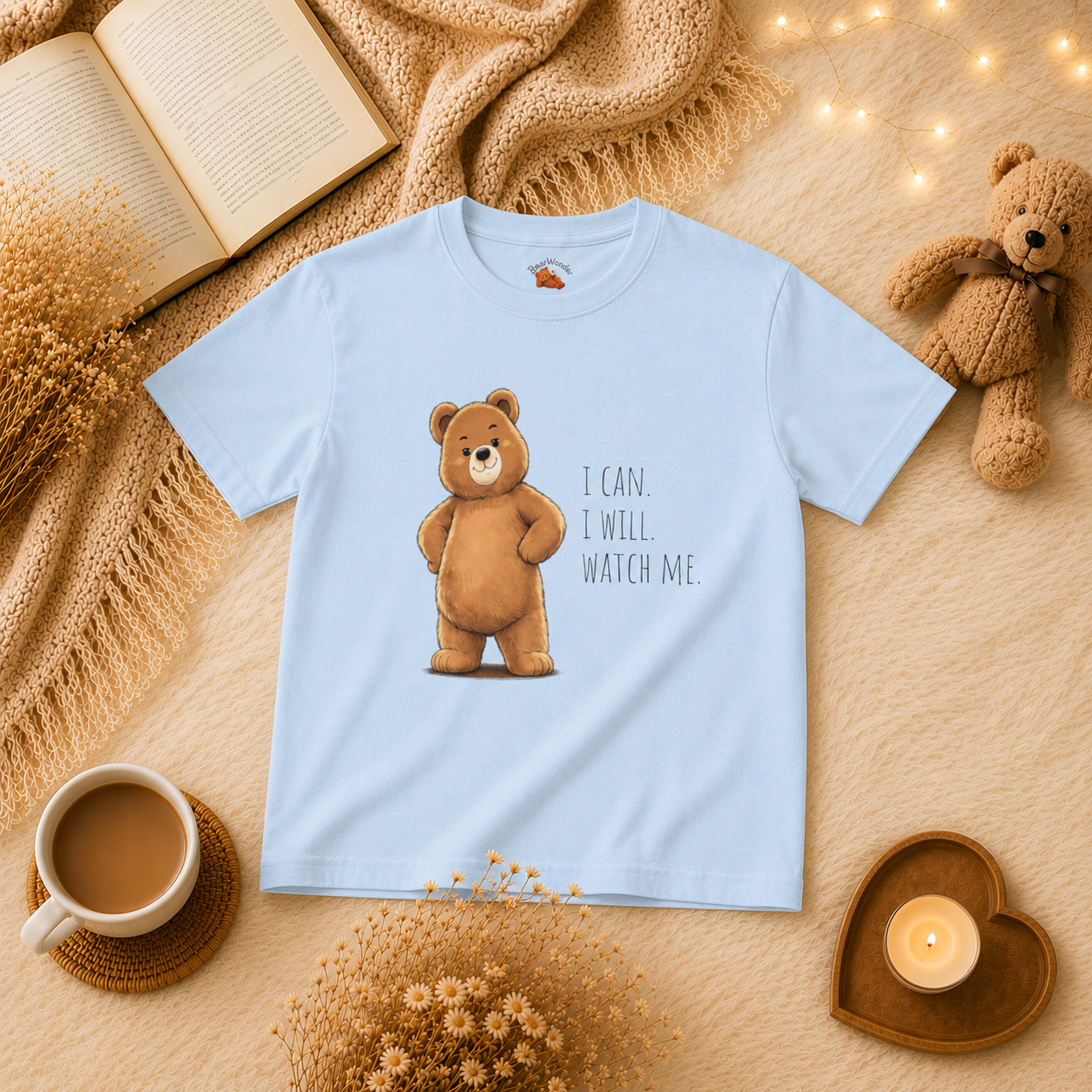 I Can. I Will. Watch Me. Cute Bear Kids T-Shirt | Motivational Bear Graphic Tee | Youth XS-XL | Ages 4-14