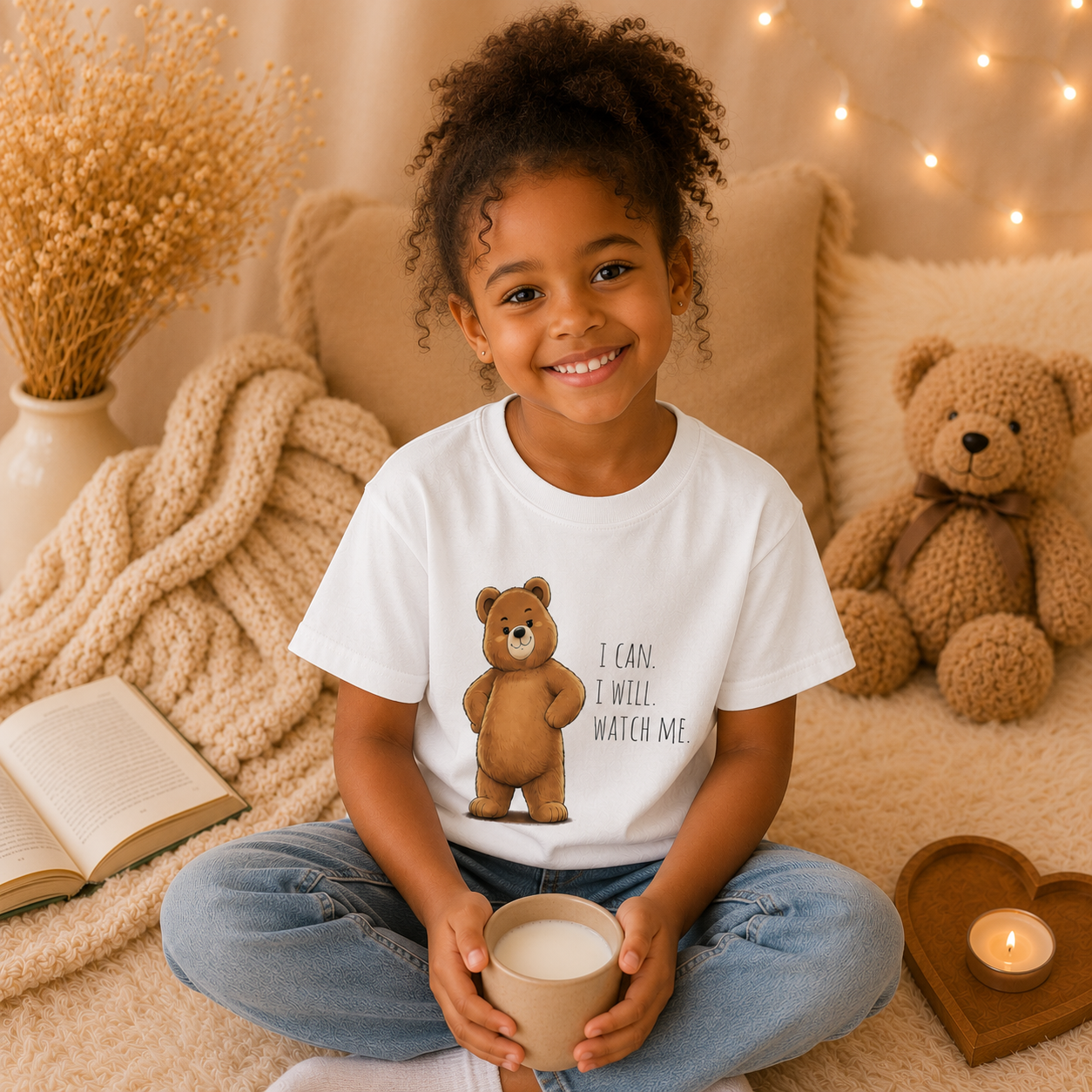 I Can. I Will. Watch Me. Cute Bear Kids T-Shirt | Motivational Bear Graphic Tee | Youth XS-XL | Ages 4-14