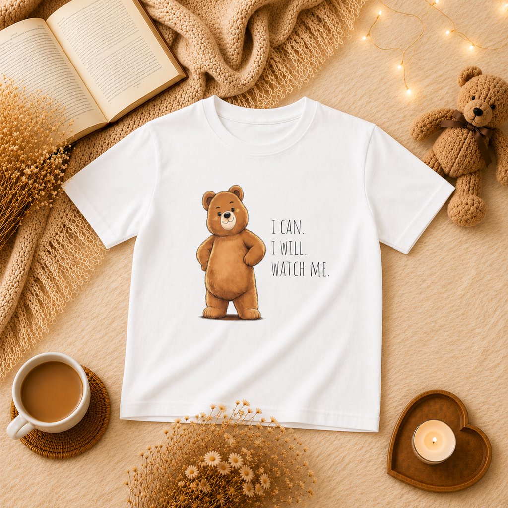 I Can. I Will. Watch Me. Cute Bear Kids T-Shirt | Motivational Bear Graphic Tee | Youth XS-XL | Ages 4-14